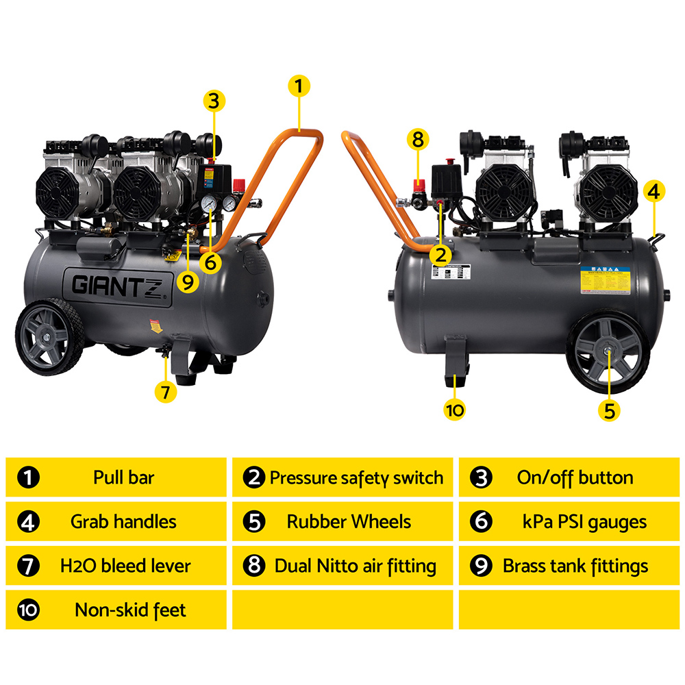 Giantz 50L Air Compressor 200L/min 3.0HP Oil-Free Quiet Electric Portable Air Inflator - Image 4