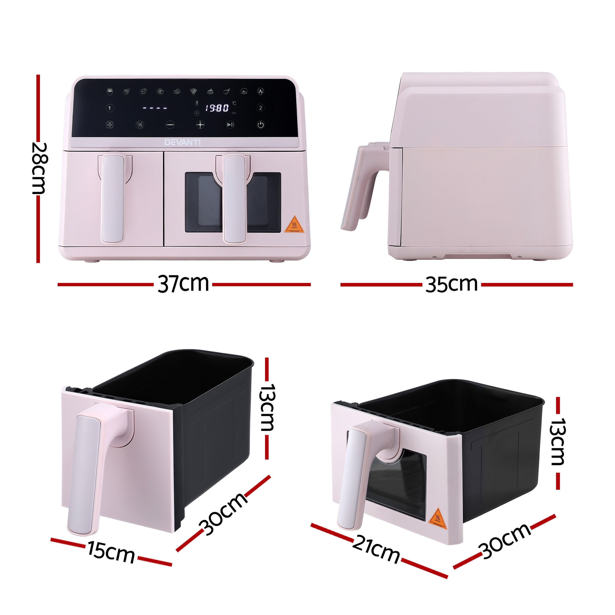 Devanti Air Fryer 9L Dual Zone Fryers 2600W Pink - Image 3
