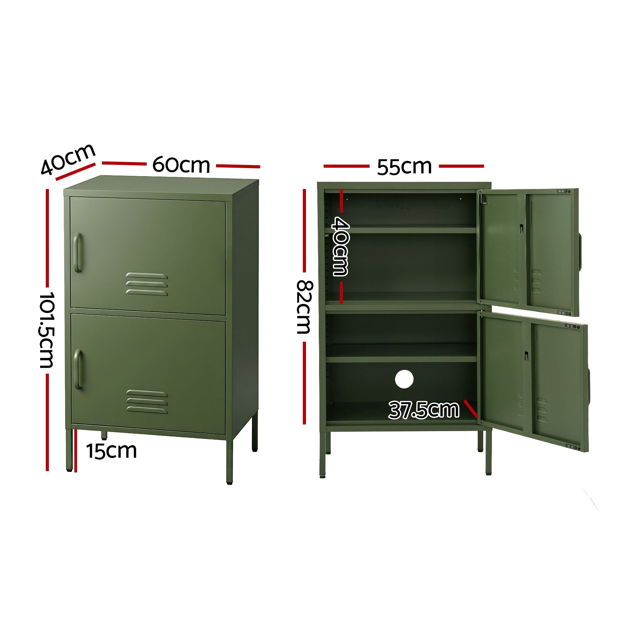 Artiss 2x Buffet Sideboard Cabinet Storage Cupboard 2 Doors Metal Green DOUBLE - Image 3