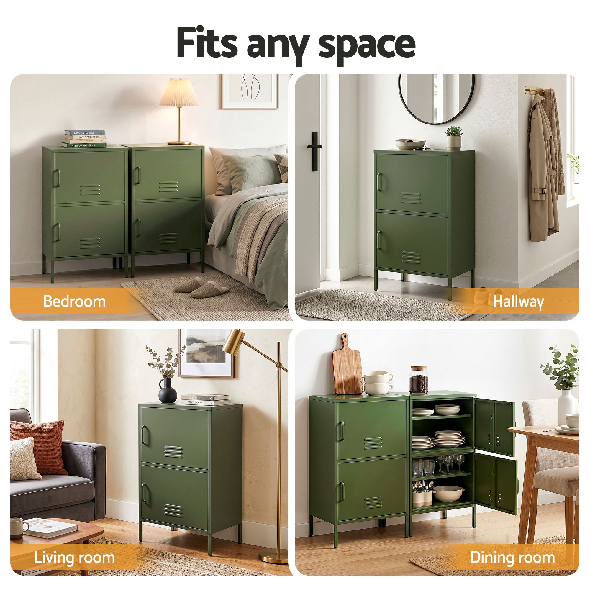 Artiss 2x Buffet Sideboard Cabinet Storage Cupboard 2 Doors Metal Green DOUBLE - Image 8