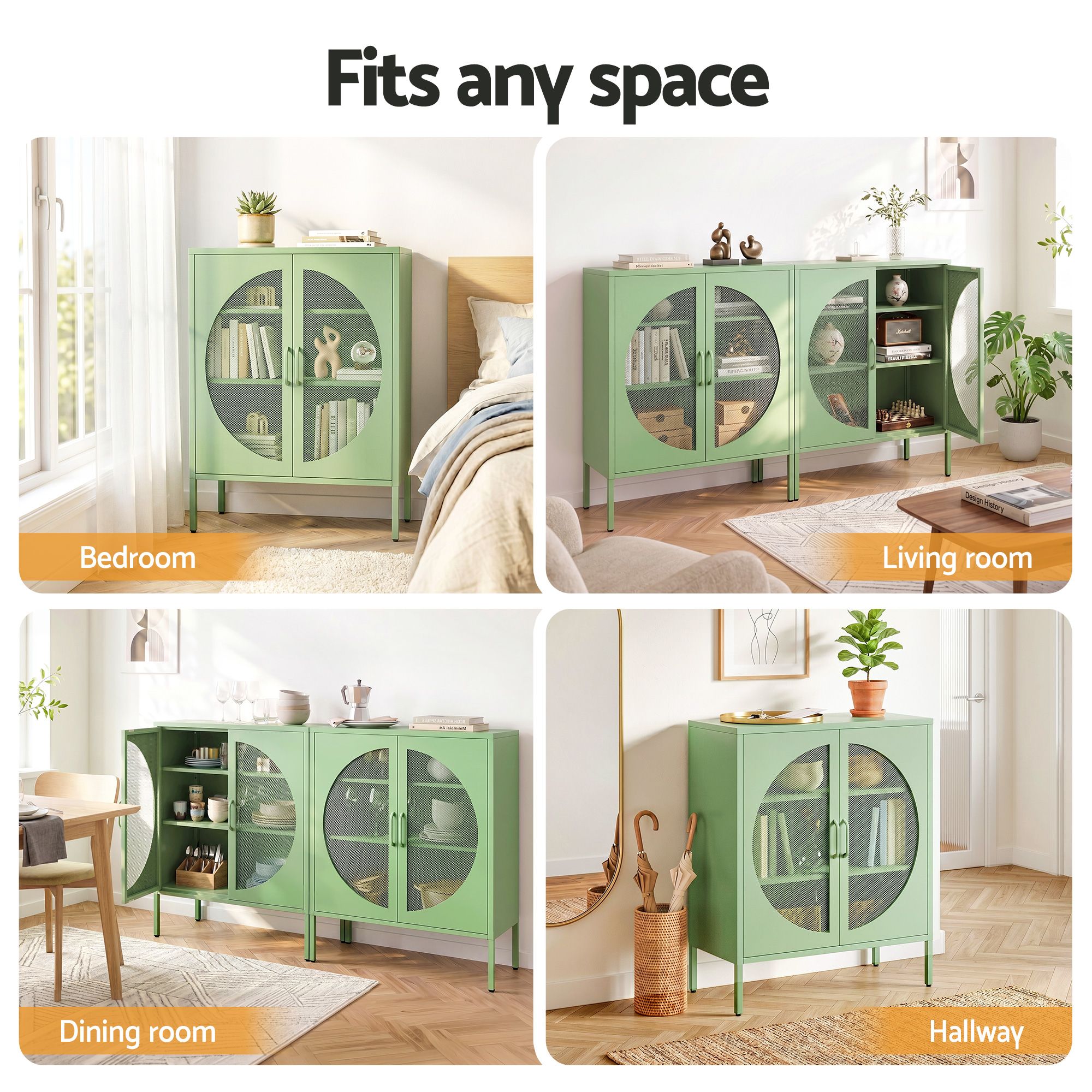 Artiss 2x Buffet Sideboard Cabinet ELSA Cupboard Storage Mesh Doors Metal Green - Image 8