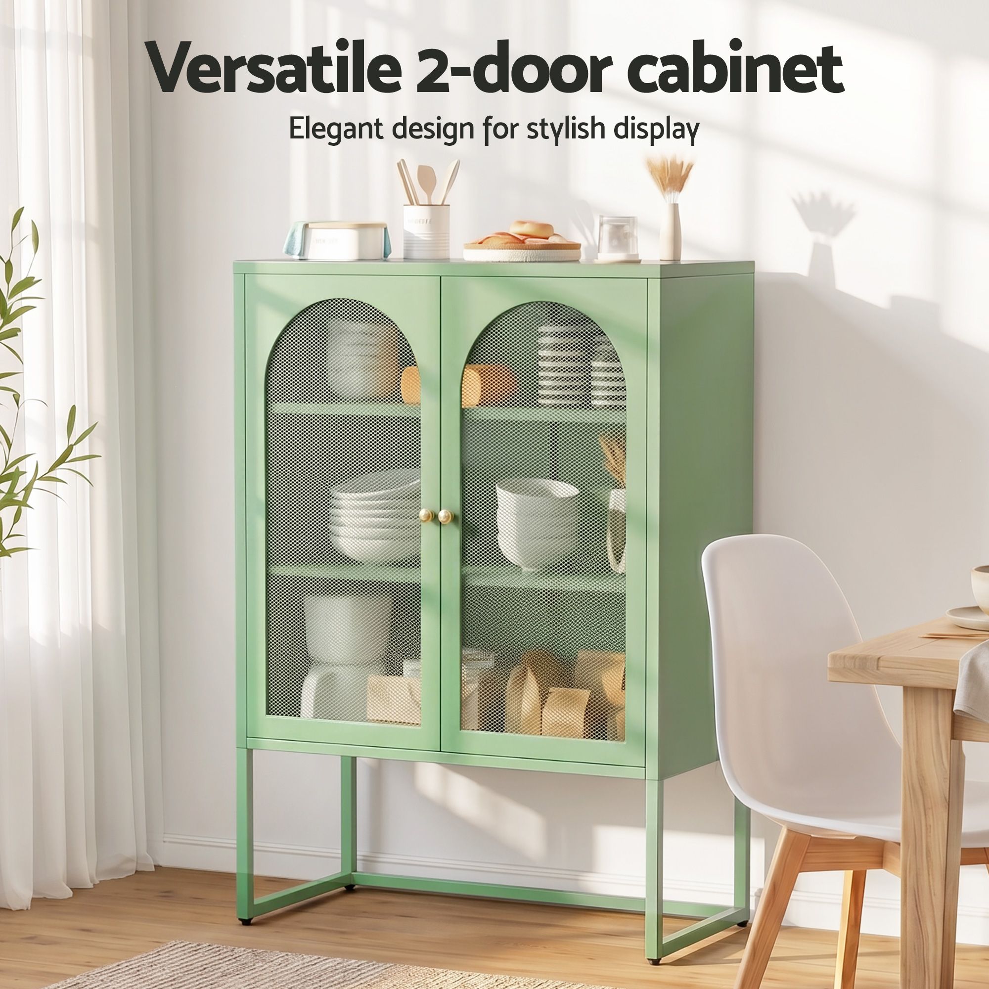 Artiss 2x Buffet Sideboard Cabinet ELMA Cupboard Storage Mesh Doors Metal Green - Image 5