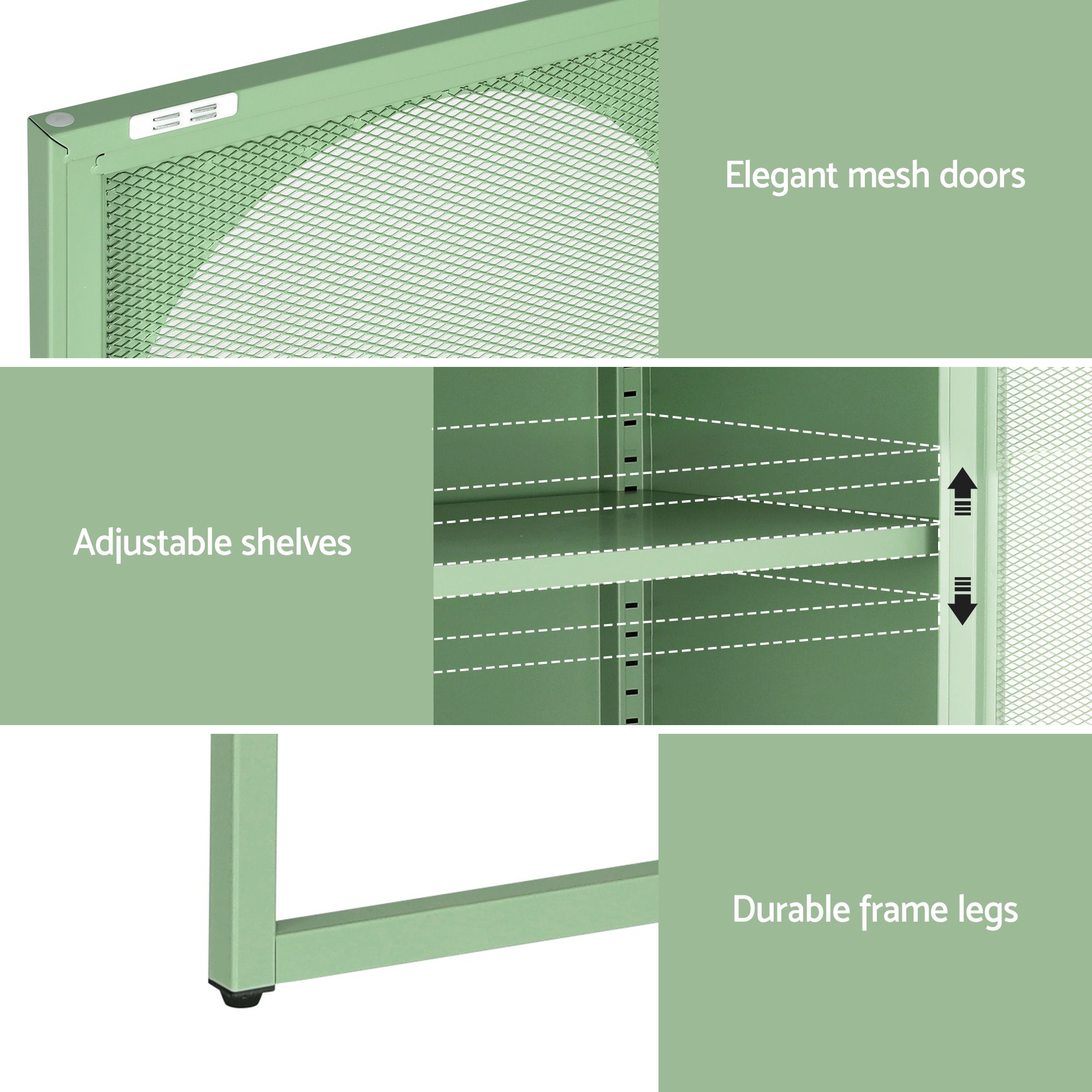 Artiss 2x Buffet Sideboard Cabinet ELMA Cupboard Storage Mesh Doors Metal Green - Image 7