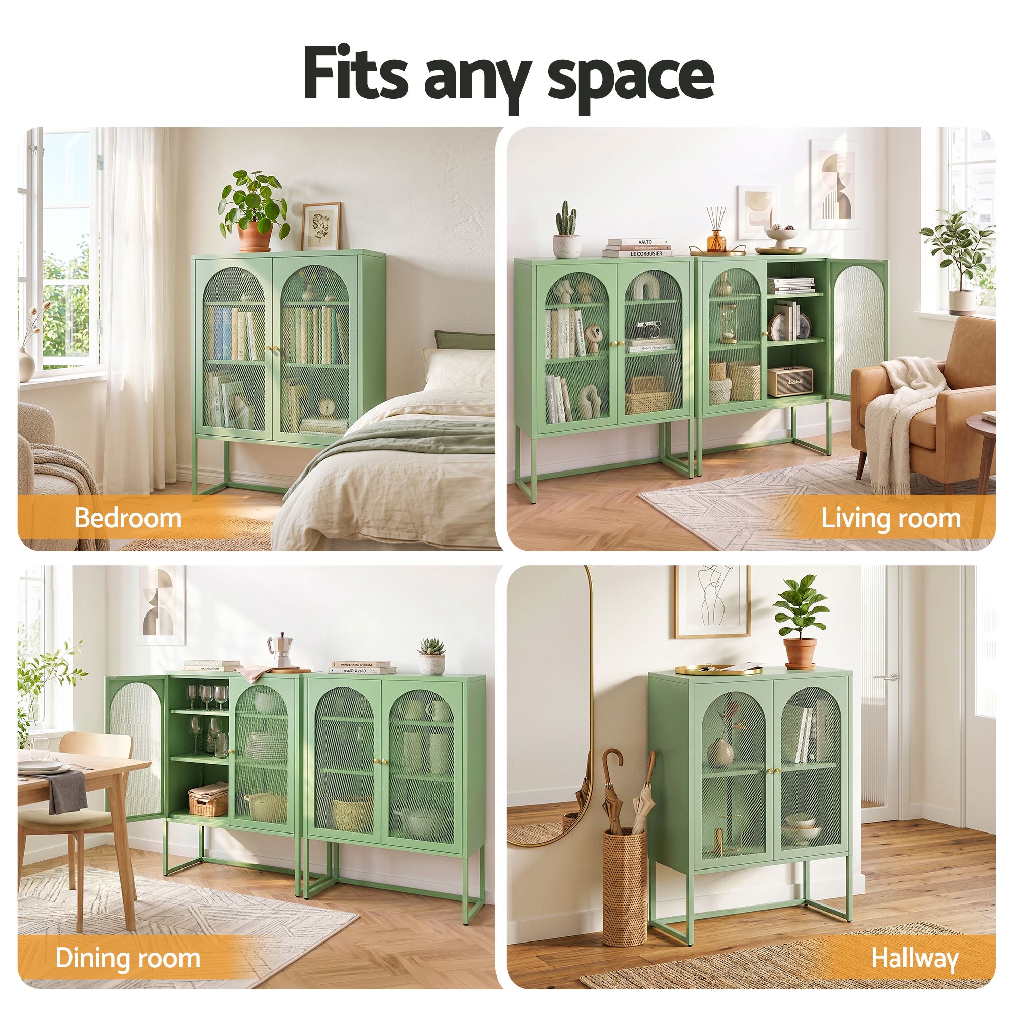 Artiss 2x Buffet Sideboard Cabinet ELMA Cupboard Storage Mesh Doors Metal Green - Image 8
