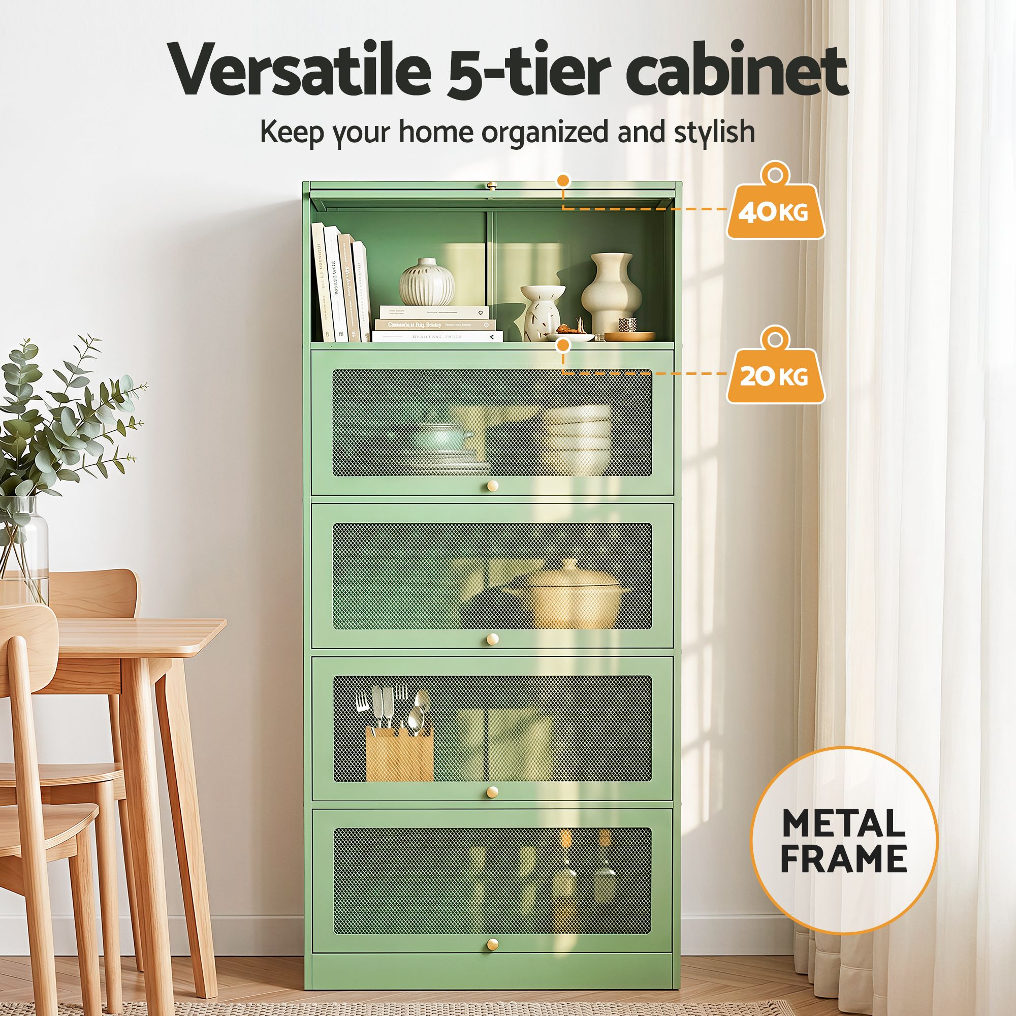 Artiss 2x Buffet Sideboard Cabinet Storage Cupboard Mesh Doors Metal ELIA Green - Image 5