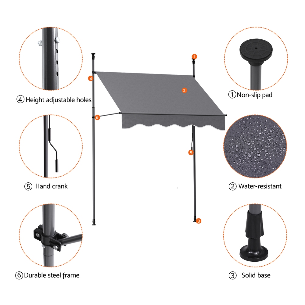 Instahut Window Fixed Pivot Arm Awning Outdoor Door Canopy 2X1.8M Grey - Image 4