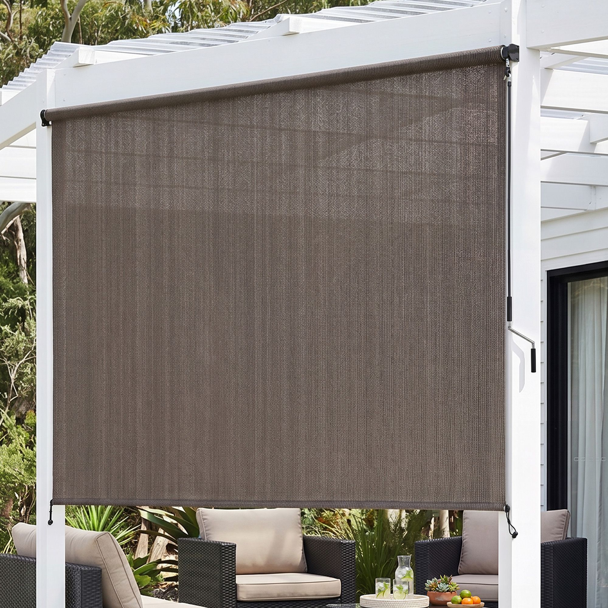 Instahut 3X2.5M Outdoor Blinds Awning Roll Down Retractable Knit Fabric Outdoor Blinds Window Shade Brown - Image 1