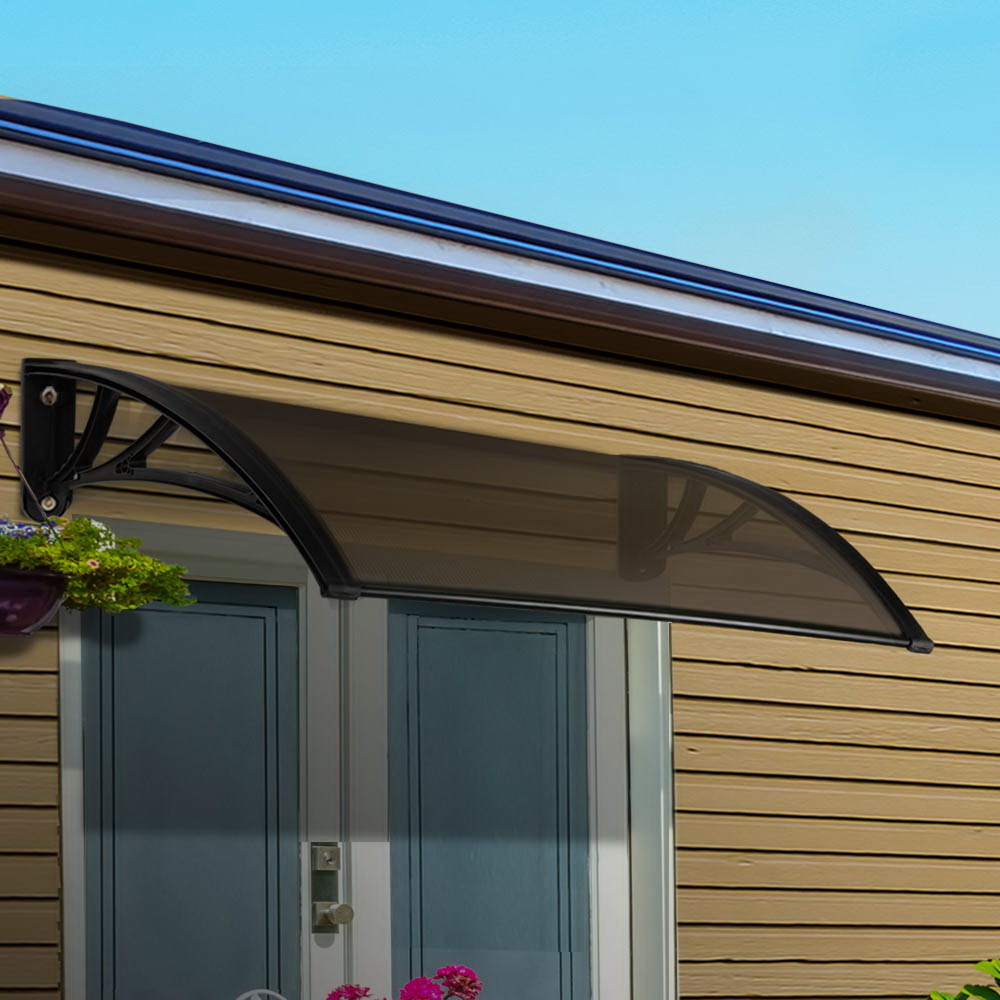 Instahut Window Door Awning Canopy 1mx2m Brown Sheet Black Plastic Frame - Image 1