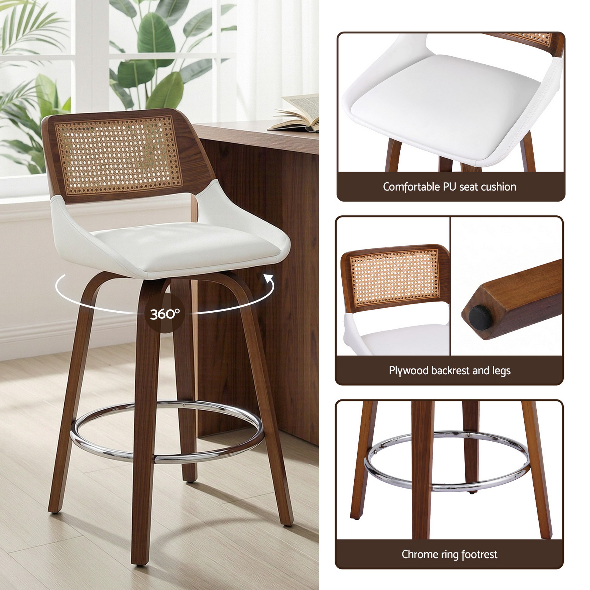 Artiss Wooden Bar Stools Set of 2 Swivel Kitchen Counter Stool Chair 60cm Seat Height - Image 8