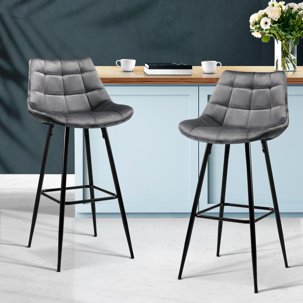Artiss 2x Bar Stools Velvet Chairs Grey - Image 1