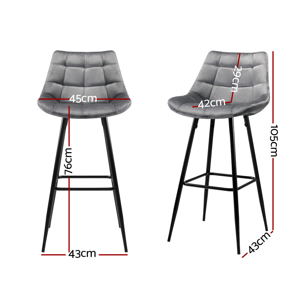 Artiss 2x Bar Stools Velvet Chairs Grey - Image 2