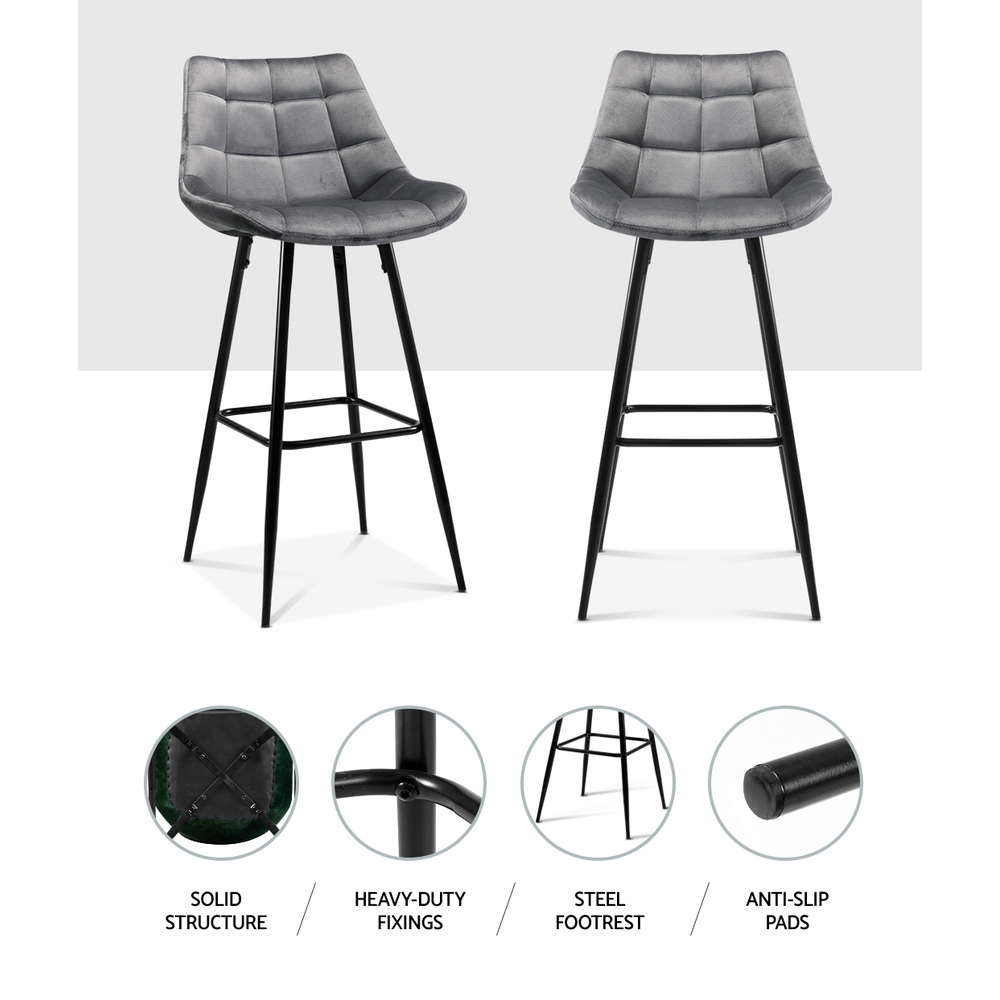 Artiss 2x Bar Stools Velvet Chairs Grey - Image 4