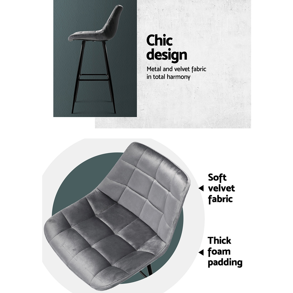 Artiss 2x Bar Stools Velvet Chairs Grey - Image 5