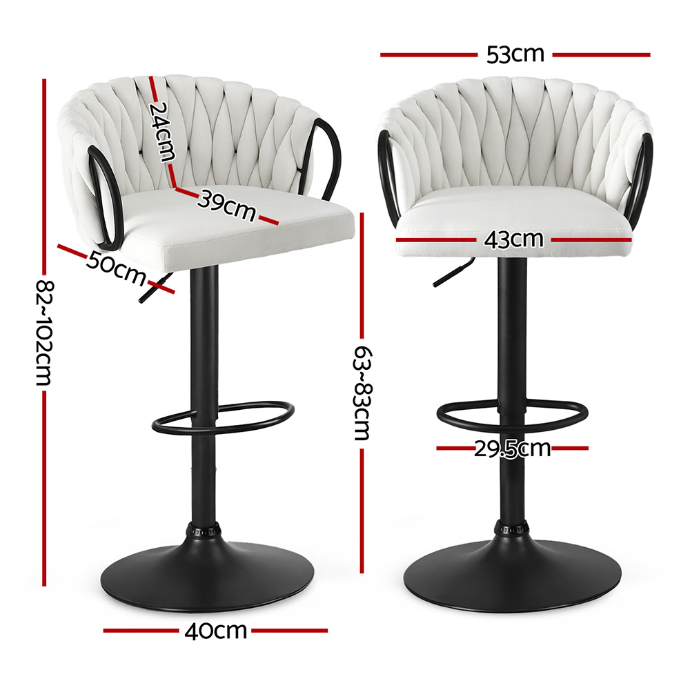 Artiss Bar Stool x4 Kitchen Dining Chair Counter Gaslift Woven Velvet Ivory - Image 2