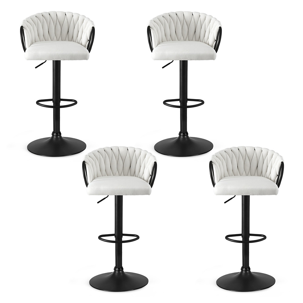Artiss Bar Stool x4 Kitchen Dining Chair Counter Gaslift Woven Velvet Ivory - Image 3