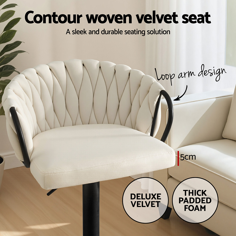 Artiss Bar Stool x4 Kitchen Dining Chair Counter Gaslift Woven Velvet Ivory - Image 5