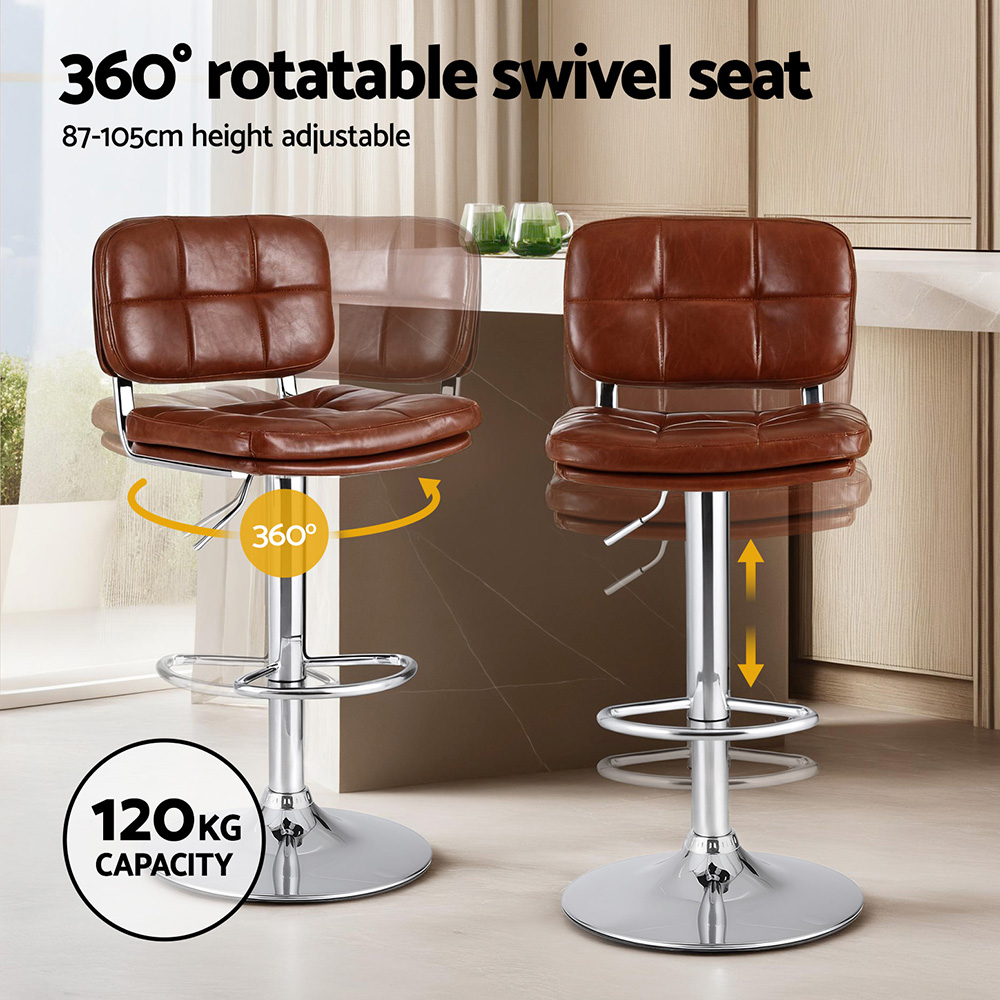 Artiss 2x Bar Stools Kitchen Swivel Gas Lift Counter Chair Tuft PU Leather Brown - Image 4