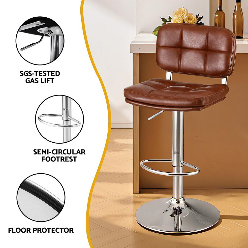 Artiss 2x Bar Stools Kitchen Swivel Gas Lift Counter Chair Tuft PU Leather Brown - Image 6