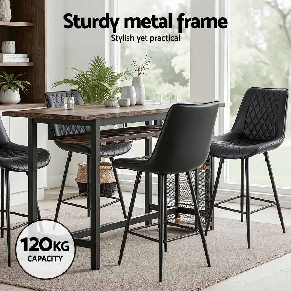 Artiss 2x Bar Stools Kitchen Dining Chair Counter Stool Diamond PU Leather Black - Image 4