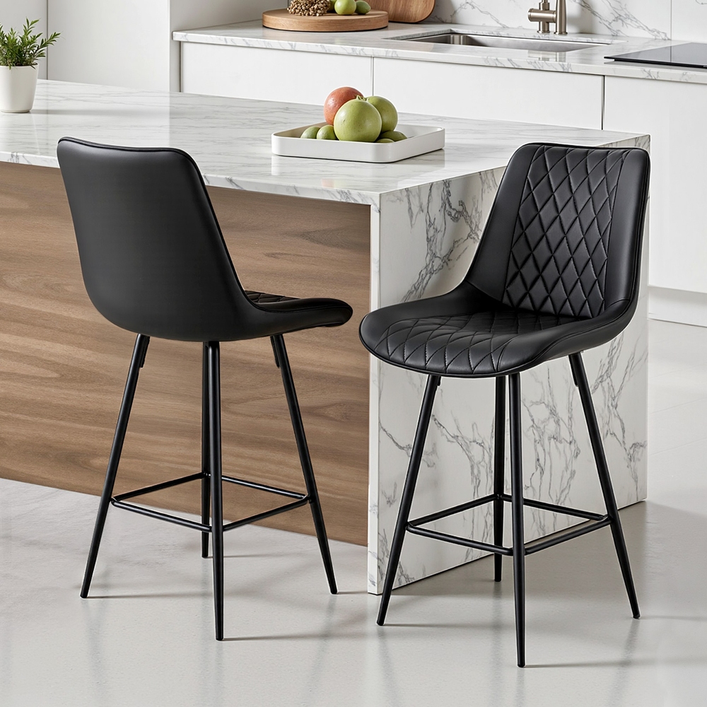 Artiss 2x Bar Stools Kitchen Dining Chair Counter Stool Diamond PU Leather Black - Image 7