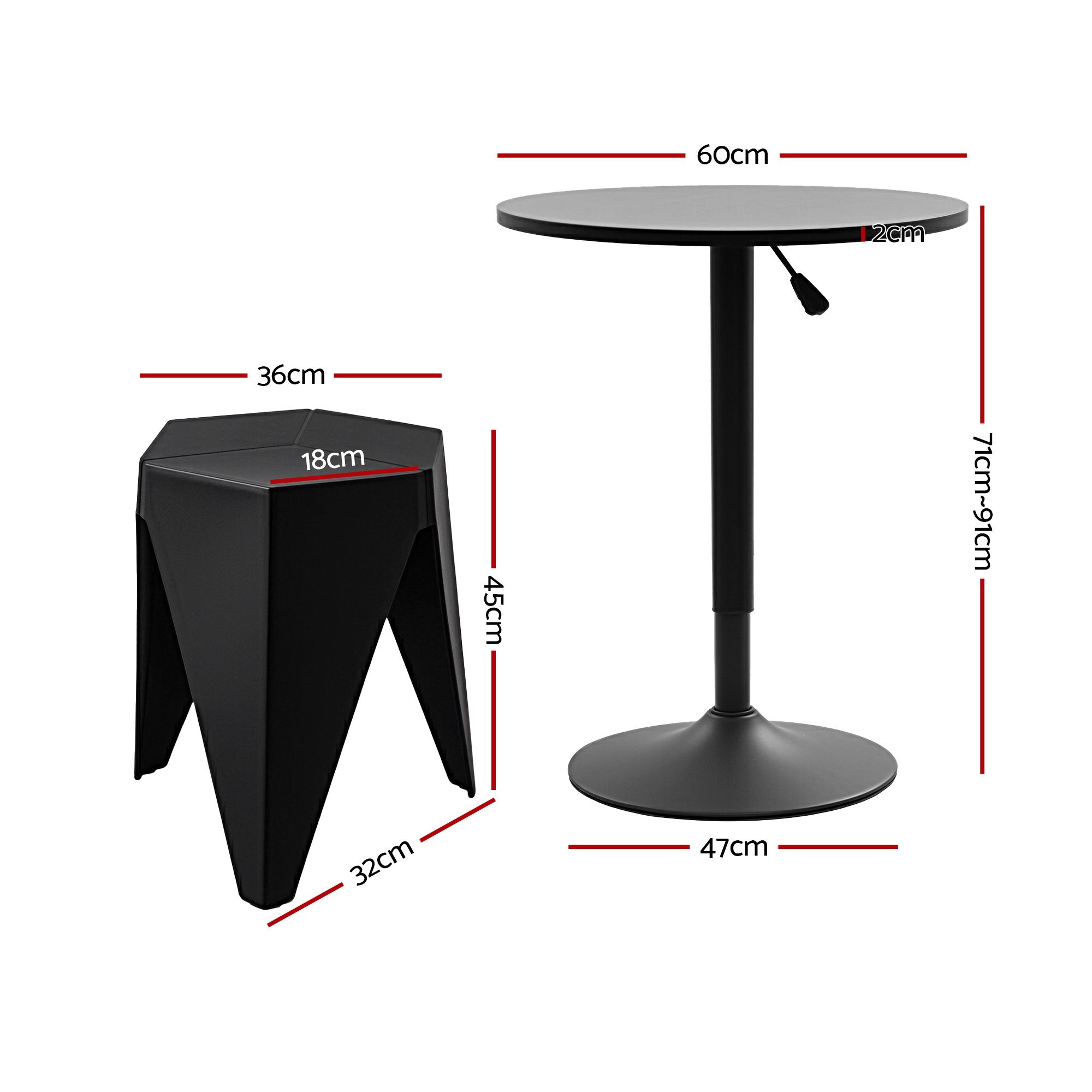 Artiss Bar Stools and Table Set 3PCS Dining Desk Kitchen Chairs Cafe Pub Black - Image 2