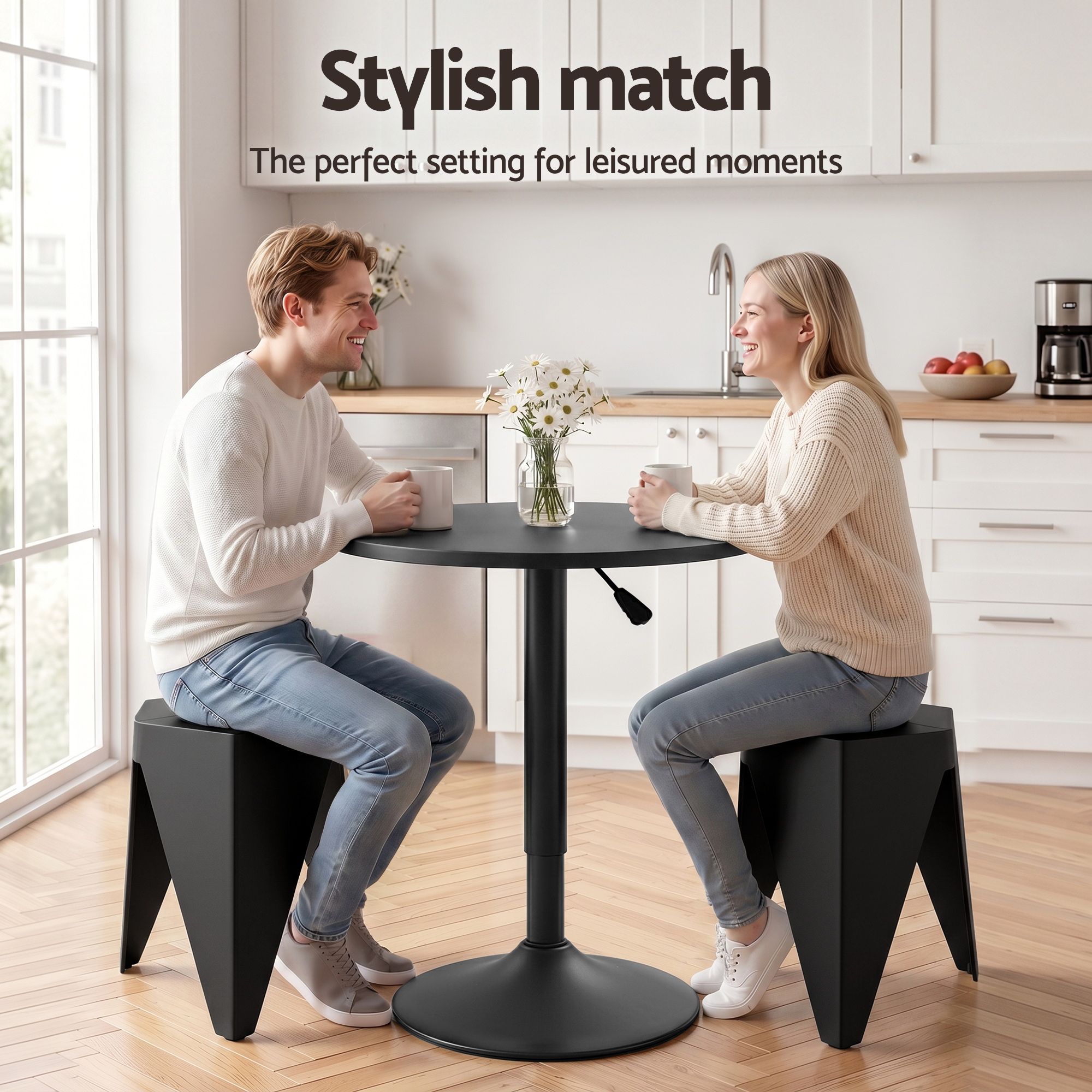 Artiss Bar Stools and Table Set 3PCS Dining Desk Kitchen Chairs Cafe Pub Black - Image 4