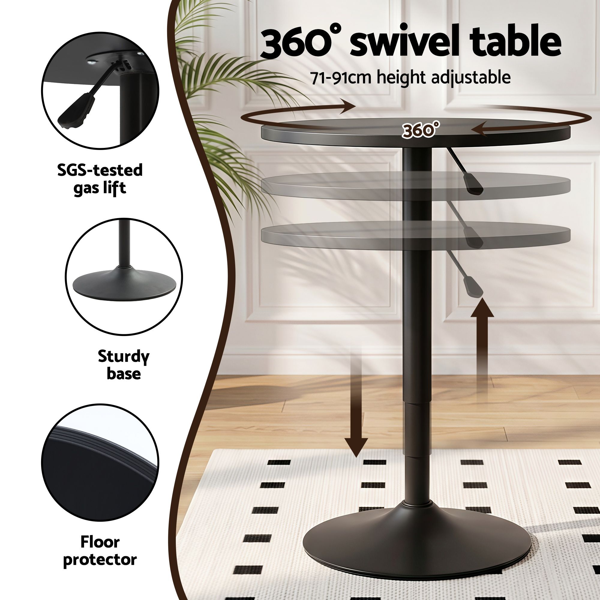 Artiss Bar Stools and Table Set 3PCS Dining Desk Kitchen Chairs Cafe Pub Black - Image 5