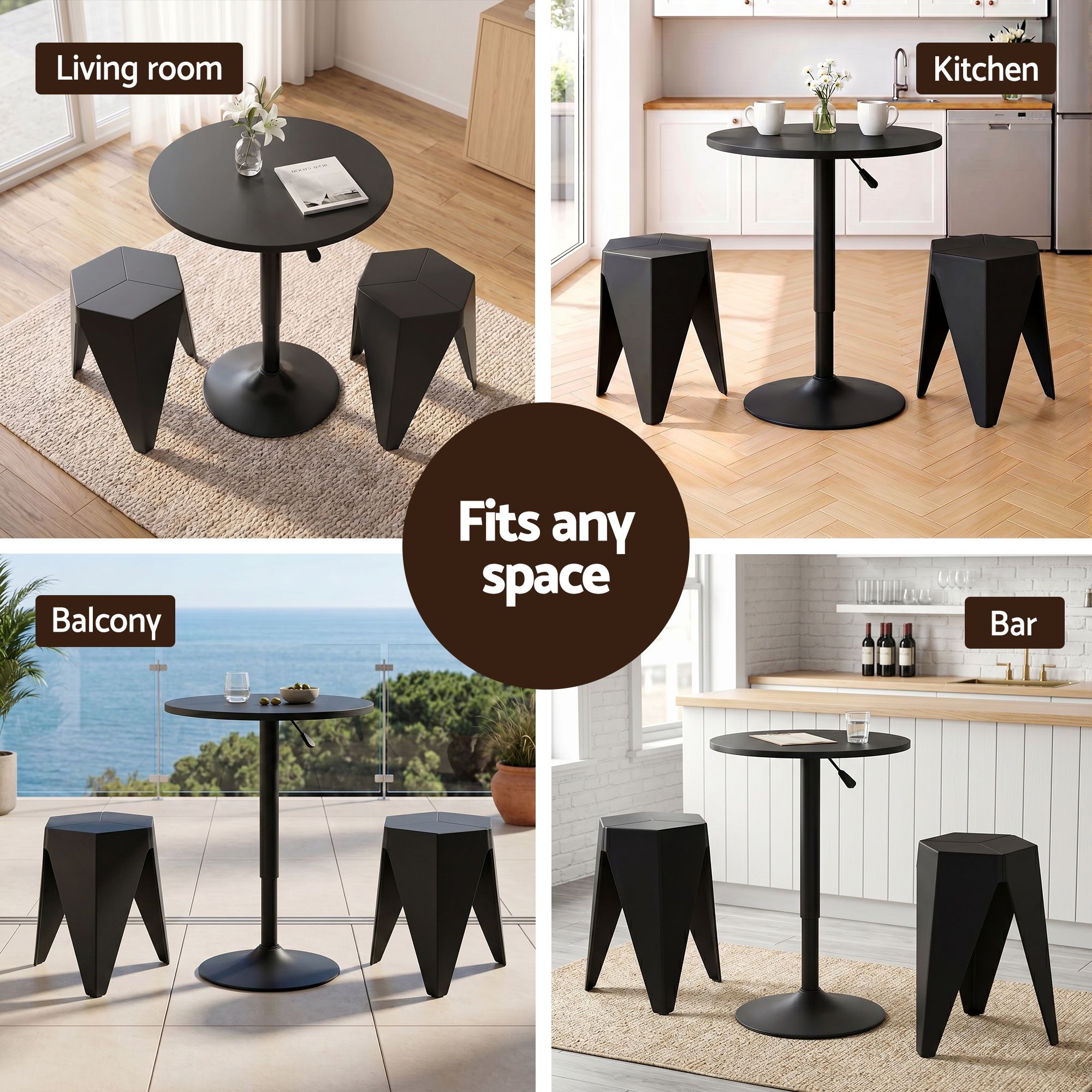 Artiss Bar Stools and Table Set 3PCS Dining Desk Kitchen Chairs Cafe Pub Black - Image 7