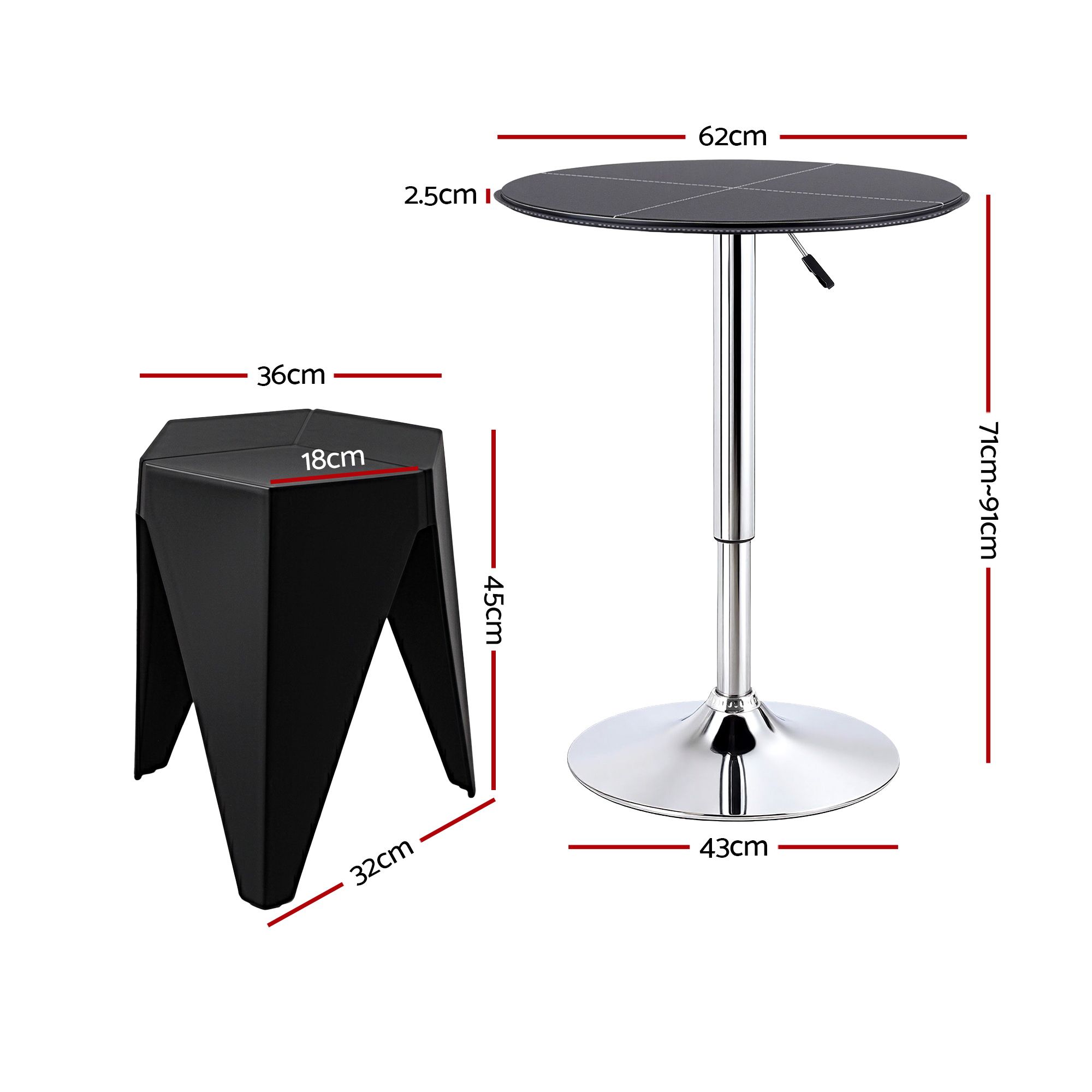 Artiss Bar Stools and Table Set 3PCS Dining Desk Kitchen Chair PVC Leather Black - Image 2