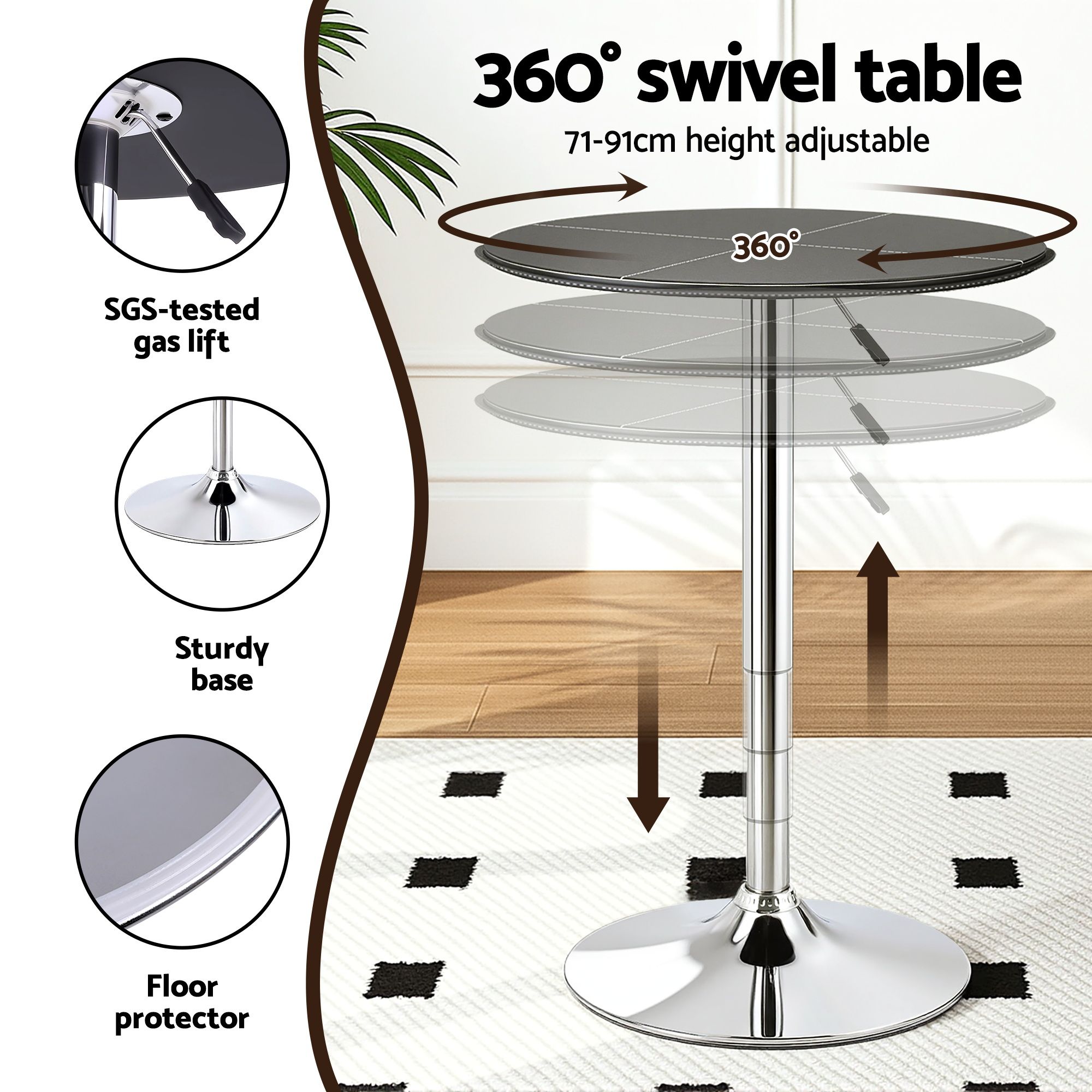 Artiss Bar Stools and Table Set 3PCS Dining Desk Kitchen Chair PVC Leather Black - Image 6
