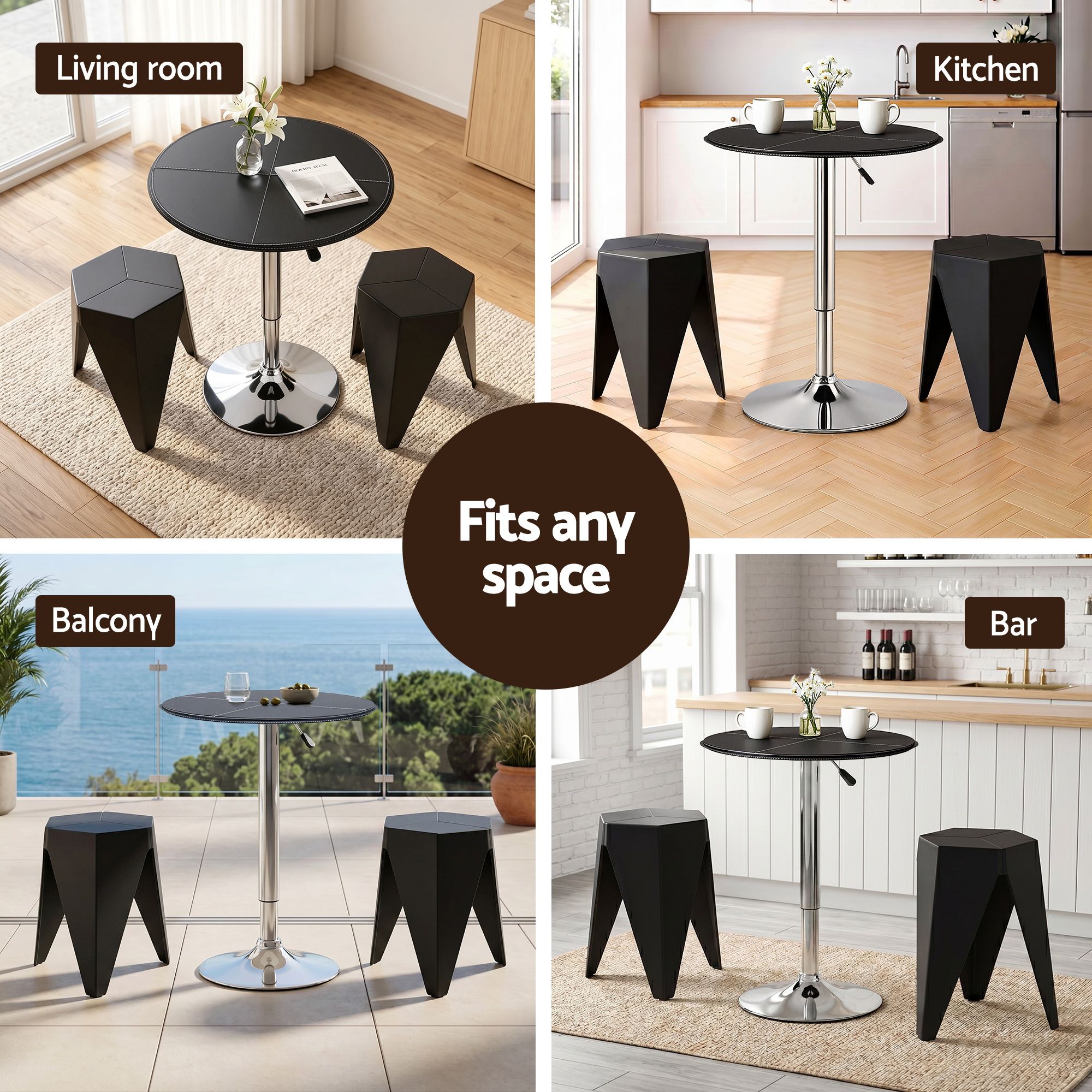 Artiss Bar Stools and Table Set 3PCS Dining Desk Kitchen Chair PVC Leather Black - Image 8