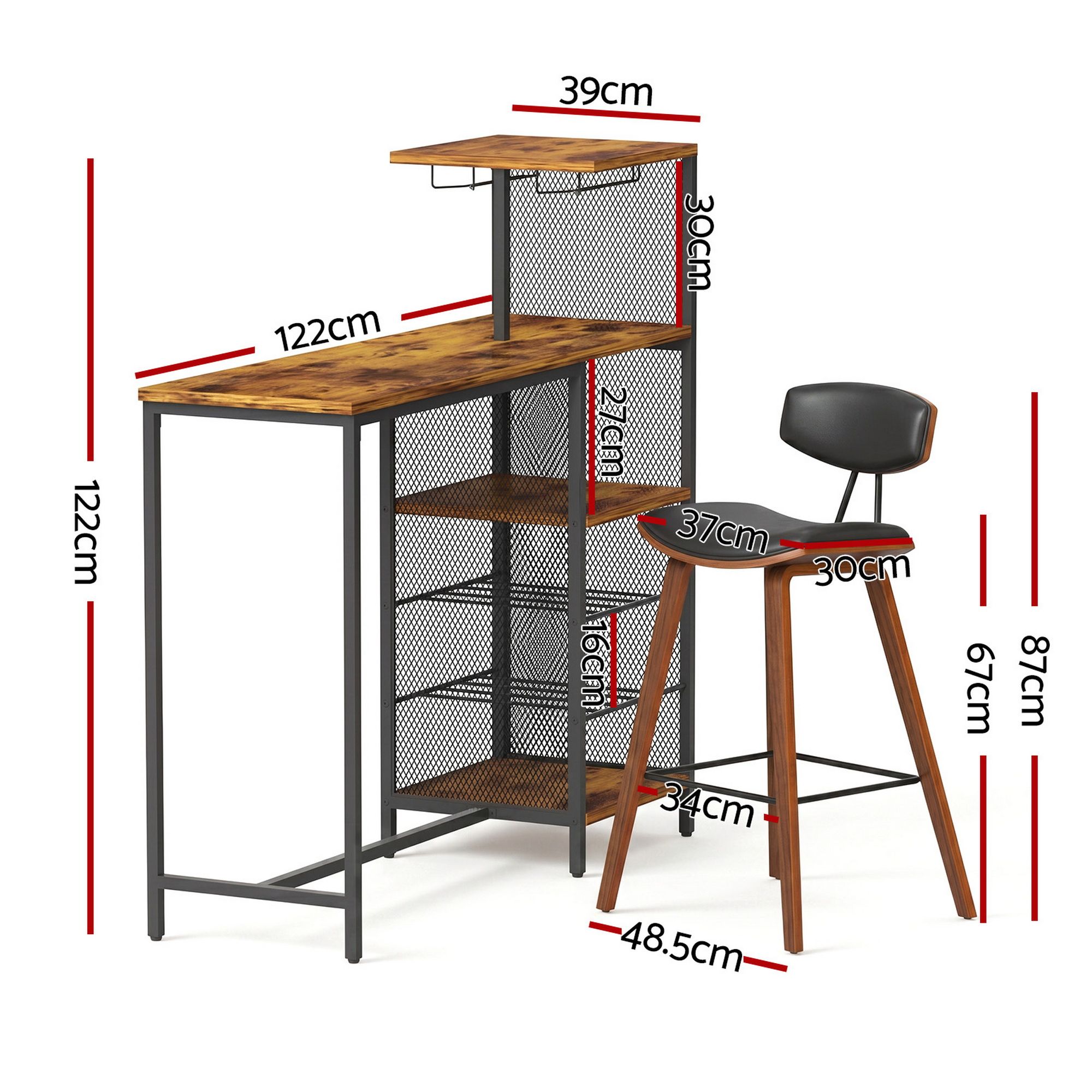 Artiss 3Pcs Bar Table and Stools Set Dining Table Solid Wood Kitchen Chairs Cafe Pub - Image 3