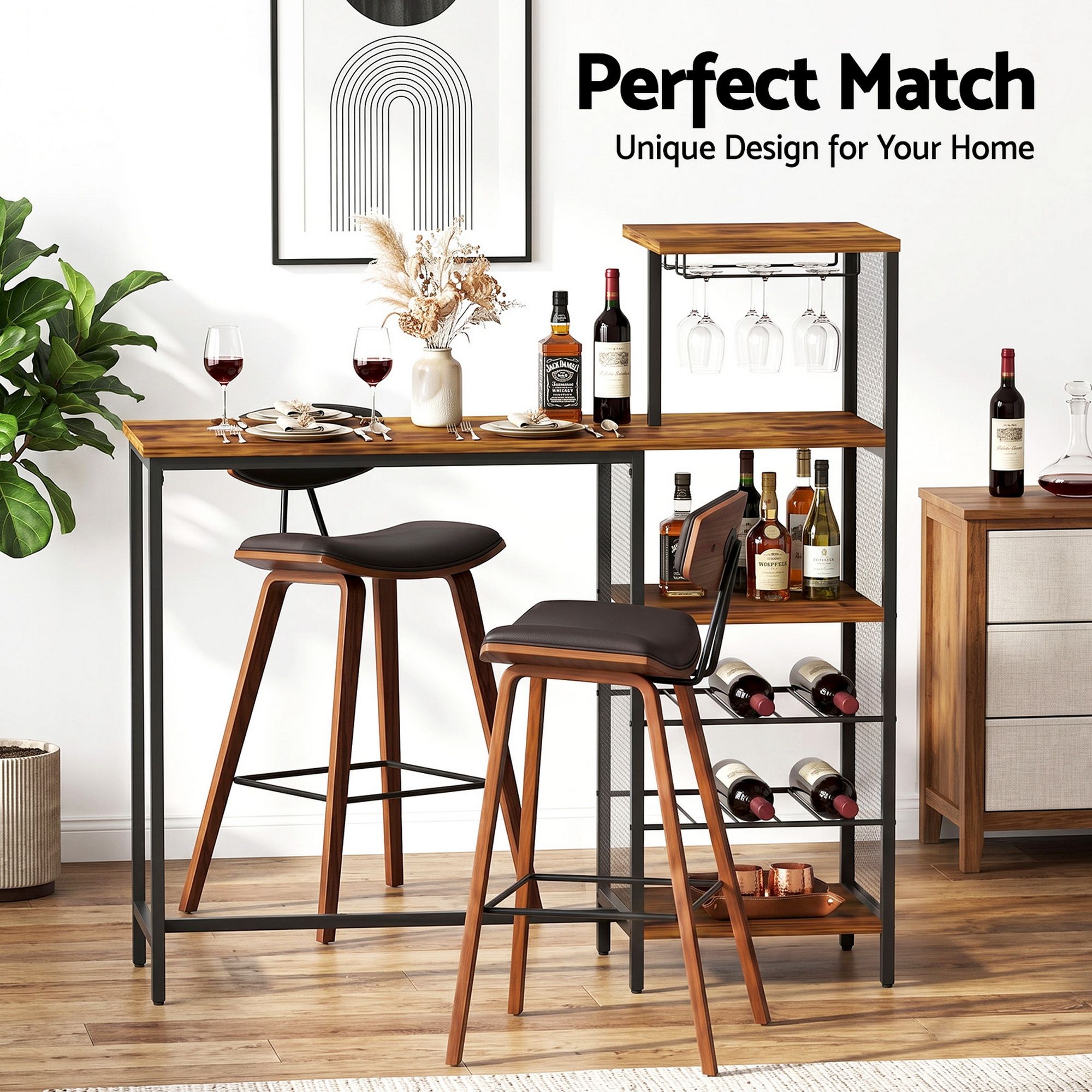 Artiss 3Pcs Bar Table and Stools Set Dining Table Solid Wood Kitchen Chairs Cafe Pub - Image 5