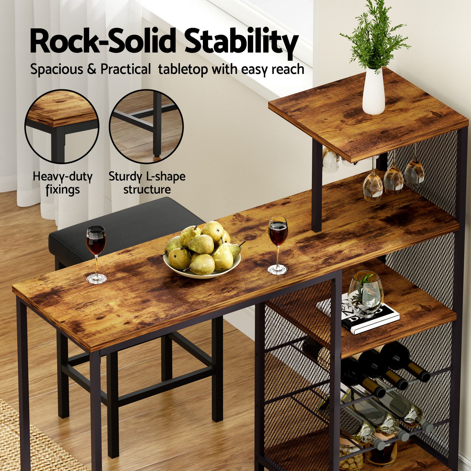 Artiss 3Pcs Bar Table and Stools Set Dining Table Solid Wood Kitchen Chairs Cafe Pub - Image 8