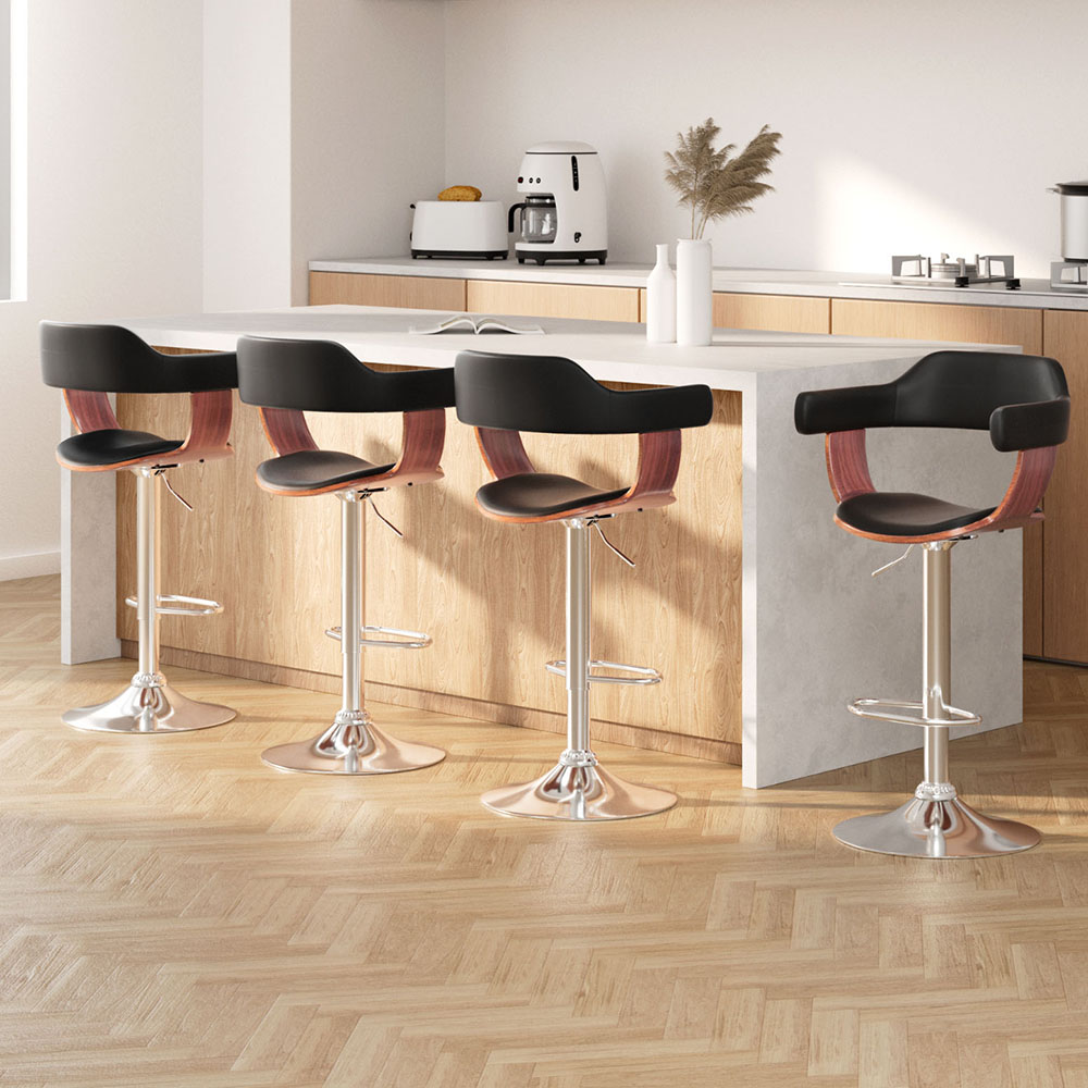 Artiss 4x Bar Stools Gas Lift Leather w/Armrest Black - Image 1