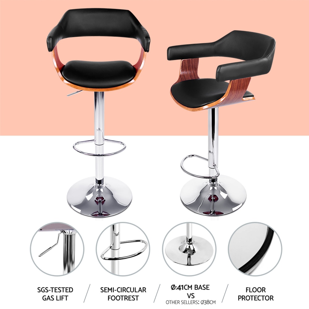 Artiss 4x Bar Stools Gas Lift Leather w/Armrest Black - Image 5