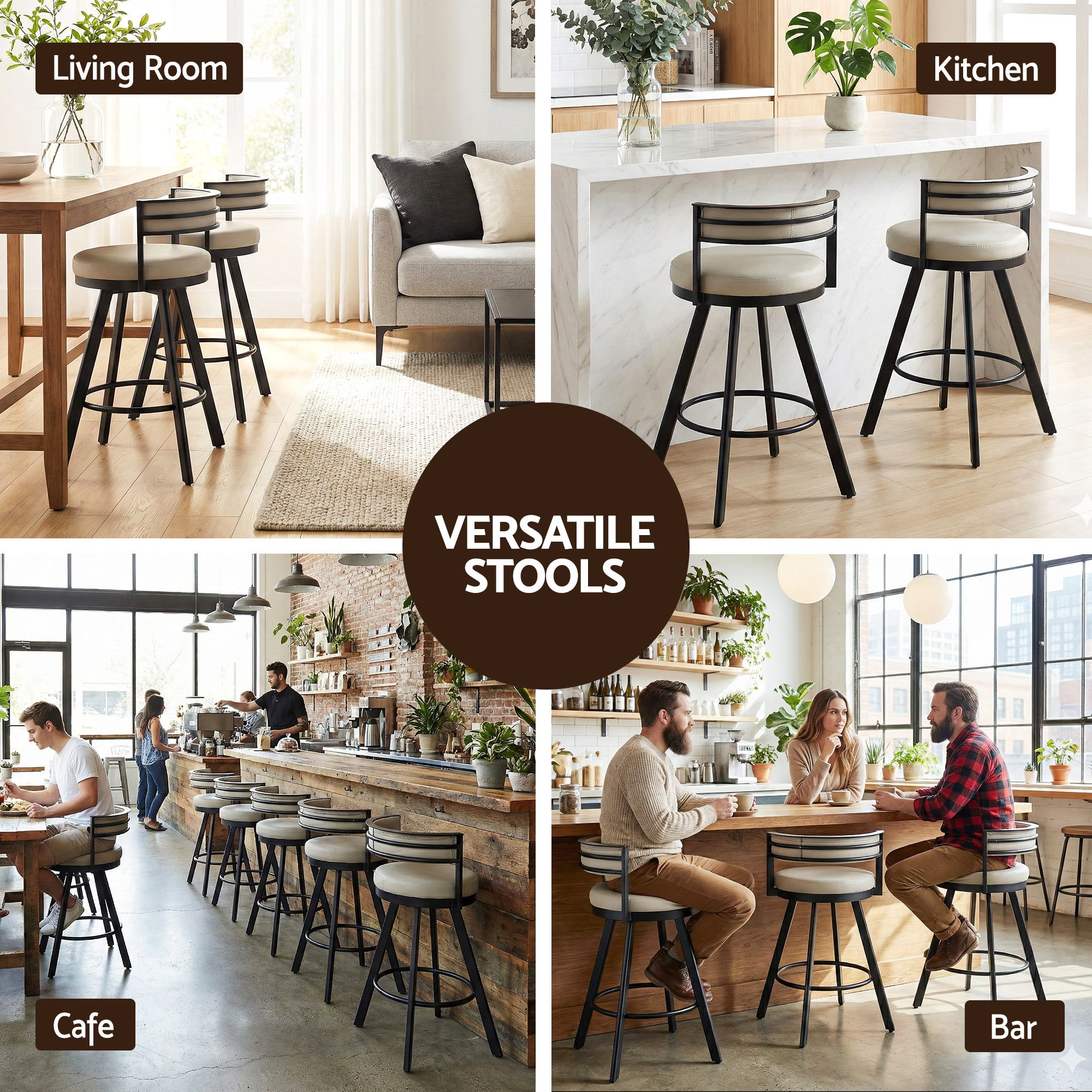 Artiss Bar Stools Set of 2 Swivel Kitchen Chair Metal Counter Beige Leather - Image 5