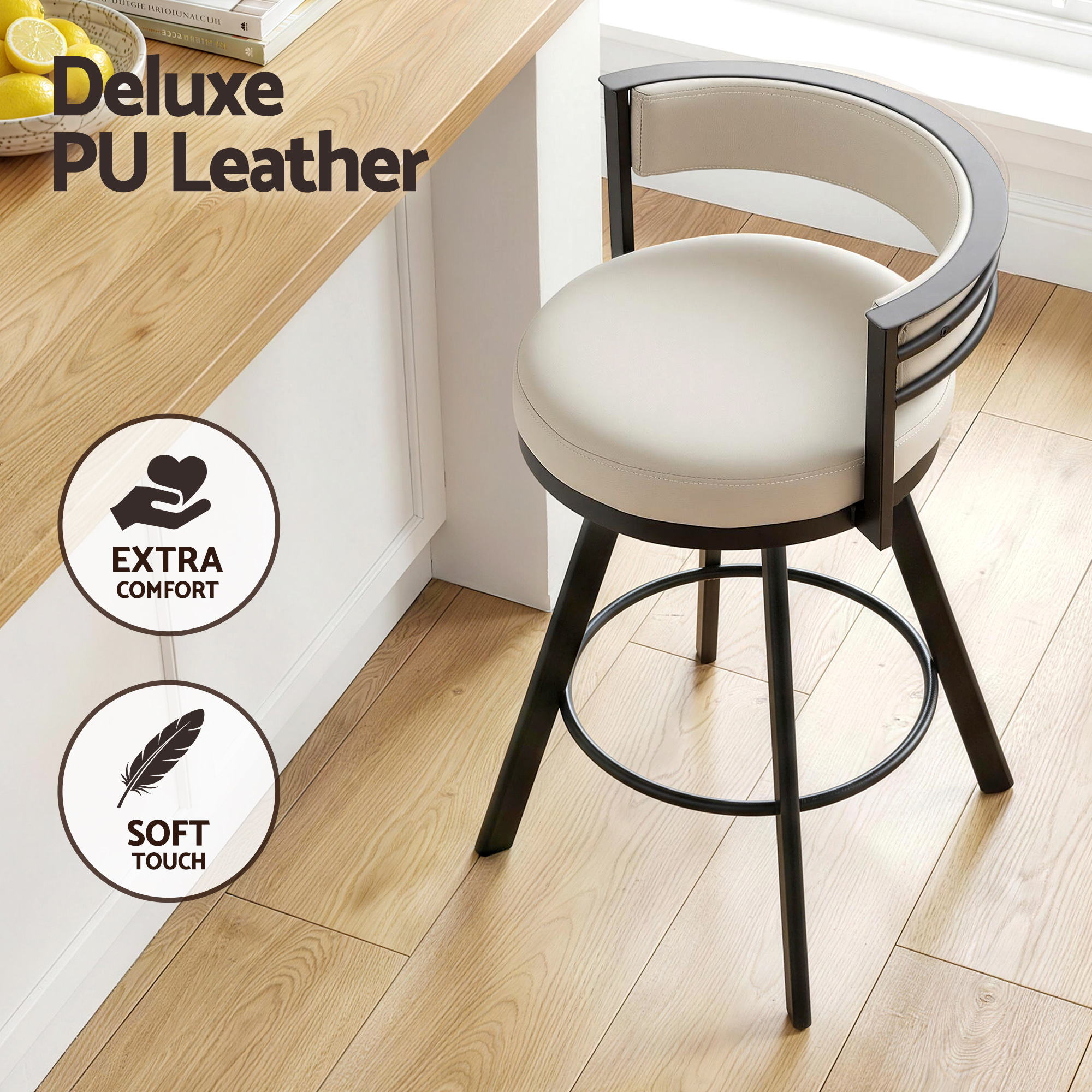 Artiss Bar Stools Set of 4 Swivel Kitchen Chair Metal Counter Beige Leather - Image 8