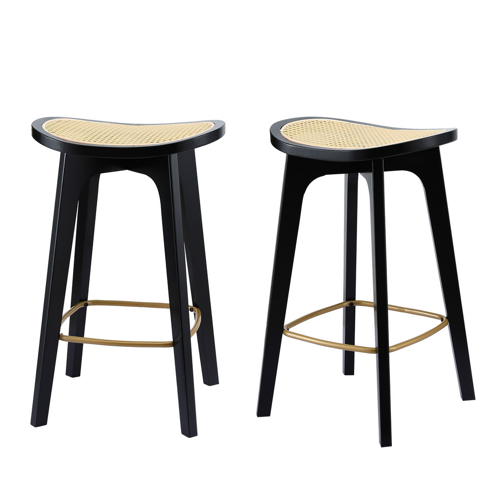 Artiss 2x Bar Stools Rattan Counter Kitchen Dinning Chair Bamboo Saddle Black - Image 1