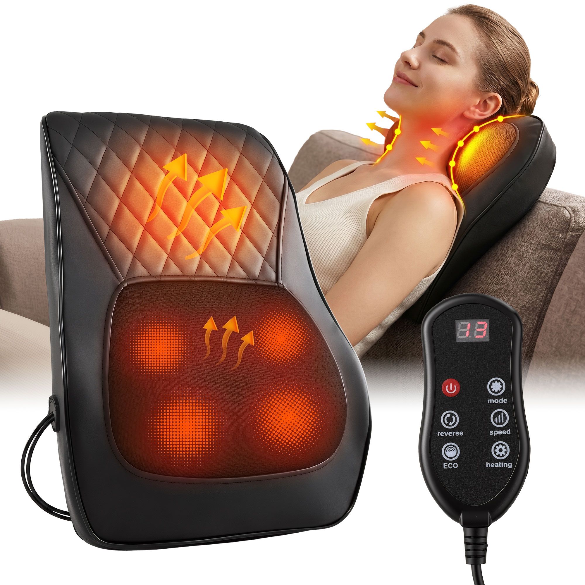 Livemor Back Massager with Heat and Traction, Neck and Shoulder Massage Pillow, Ergonomic Backrest for Office Chair & Sofa, Lumbar Support Cushion with 2-Level Thermal Relief, 6 Modes for Cervical & Full Body Pain Relief, Large - Image 1