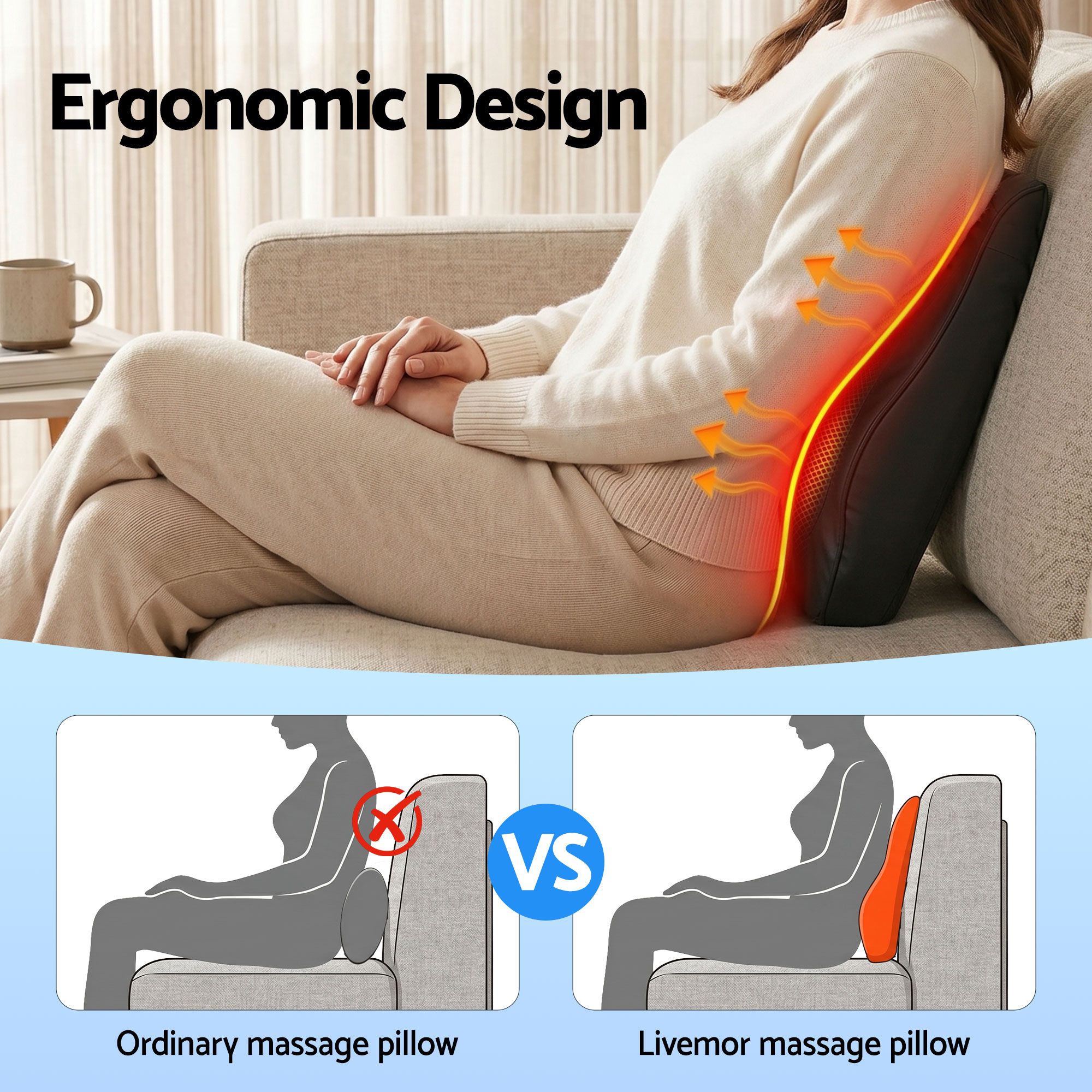 Livemor Back Massager with Heat and Traction, Neck and Shoulder Massage Pillow, Ergonomic Backrest for Office Chair & Sofa, Lumbar Support Cushion with 2-Level Thermal Relief, 6 Modes for Cervical & Full Body Pain Relief, Large - Image 6