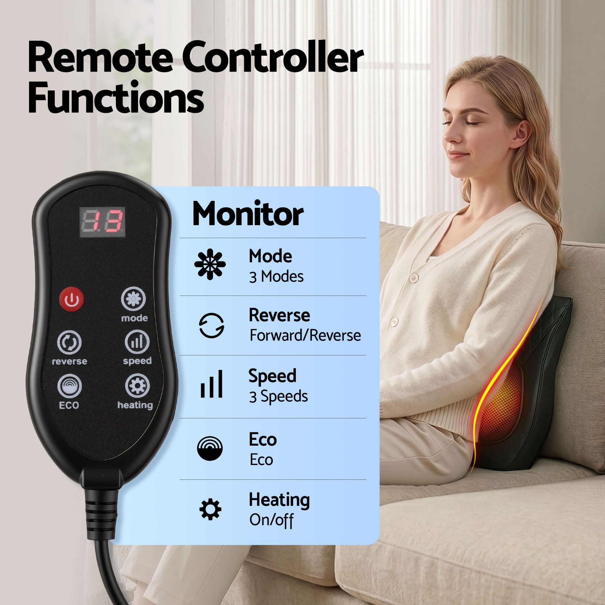 Livemor Back Massager with Heat and Traction, Neck and Shoulder Massage Pillow, Ergonomic Backrest for Office Chair & Sofa, Lumbar Support Cushion with 2-Level Thermal Relief, 6 Modes for Cervical & Full Body Pain Relief, Large - Image 7