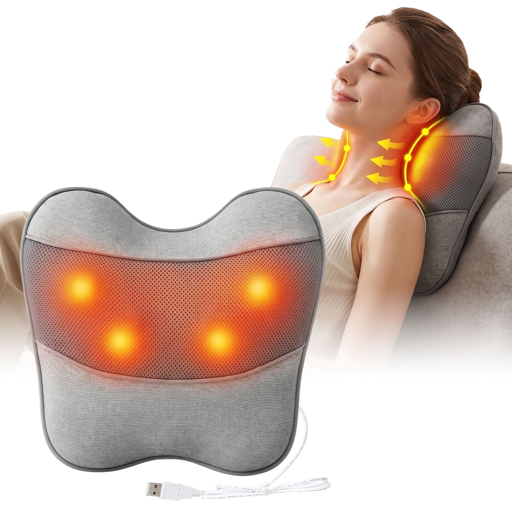 Livemor Back Massager with Heat, USB Neck and Shoulder Massage Pillow, 3-Speed Ergonomic Lumbar Support Cushion for Office Chair, Portable Muscle Relief for Back, Thigh & Calf, Grey - Image 1