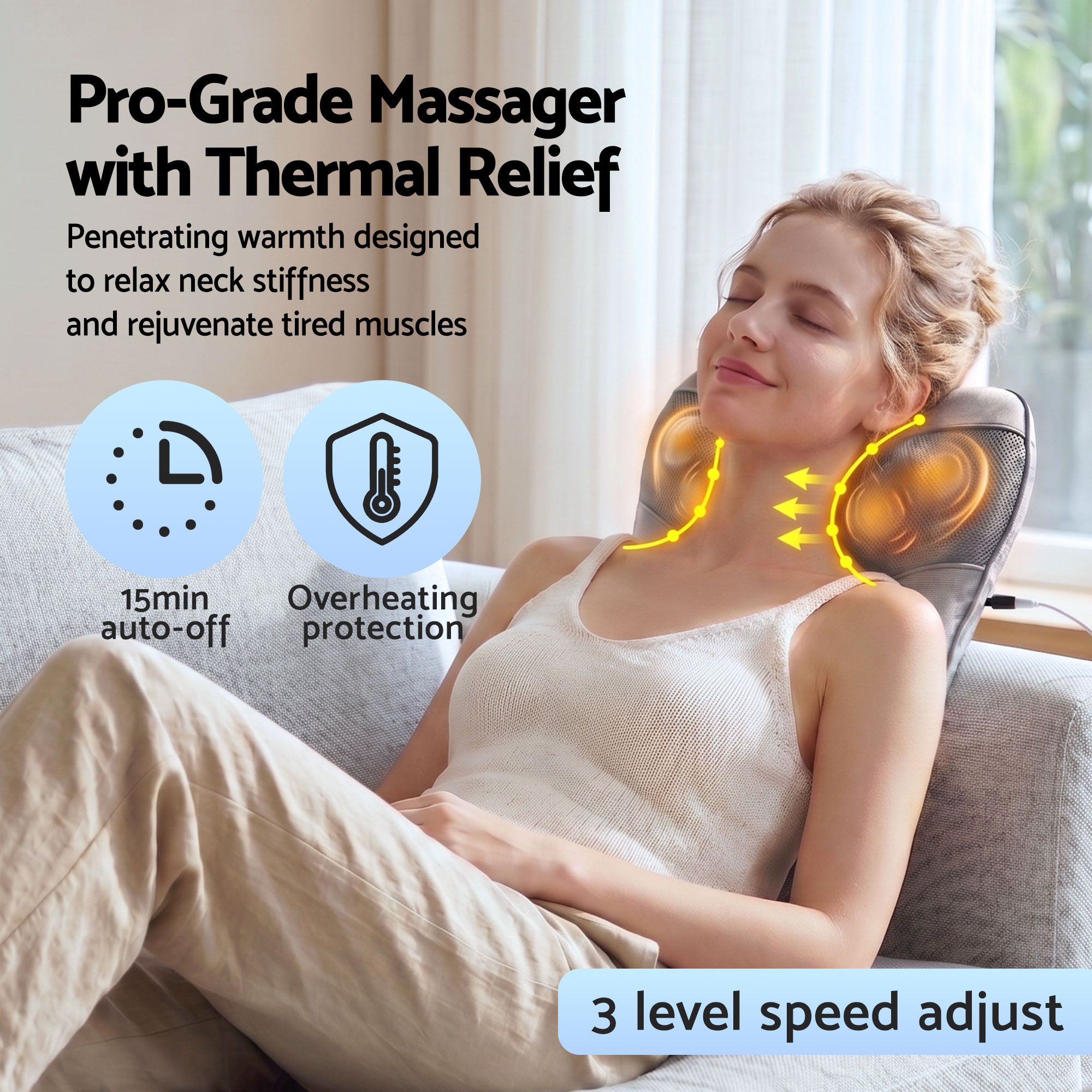 Livemor Back Massager with Heat, USB Neck and Shoulder Massage Pillow, 3-Speed Ergonomic Lumbar Support Cushion for Office Chair, Portable Muscle Relief for Back, Thigh & Calf, Grey - Image 4