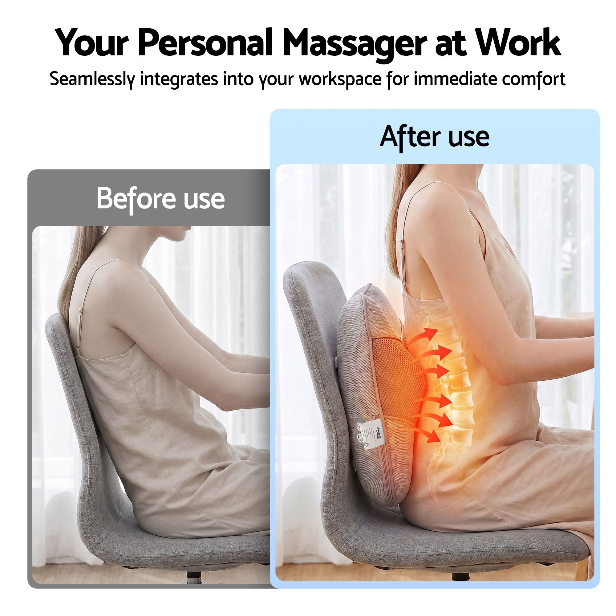 Livemor Back Massager with Heat, USB Neck and Shoulder Massage Pillow, 3-Speed Ergonomic Lumbar Support Cushion for Office Chair, Portable Muscle Relief for Back, Thigh & Calf, Grey - Image 5