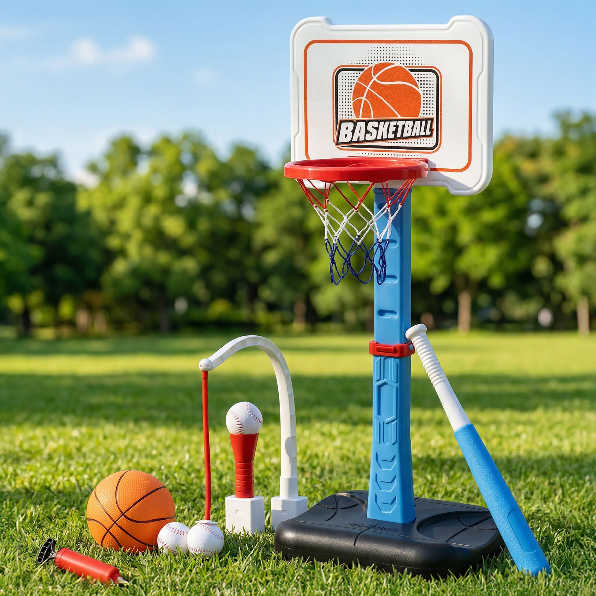 Keezi Kids Basketball Hoop Stand Baseball Set Adjustable Height Sports Toys Blue - Image 1