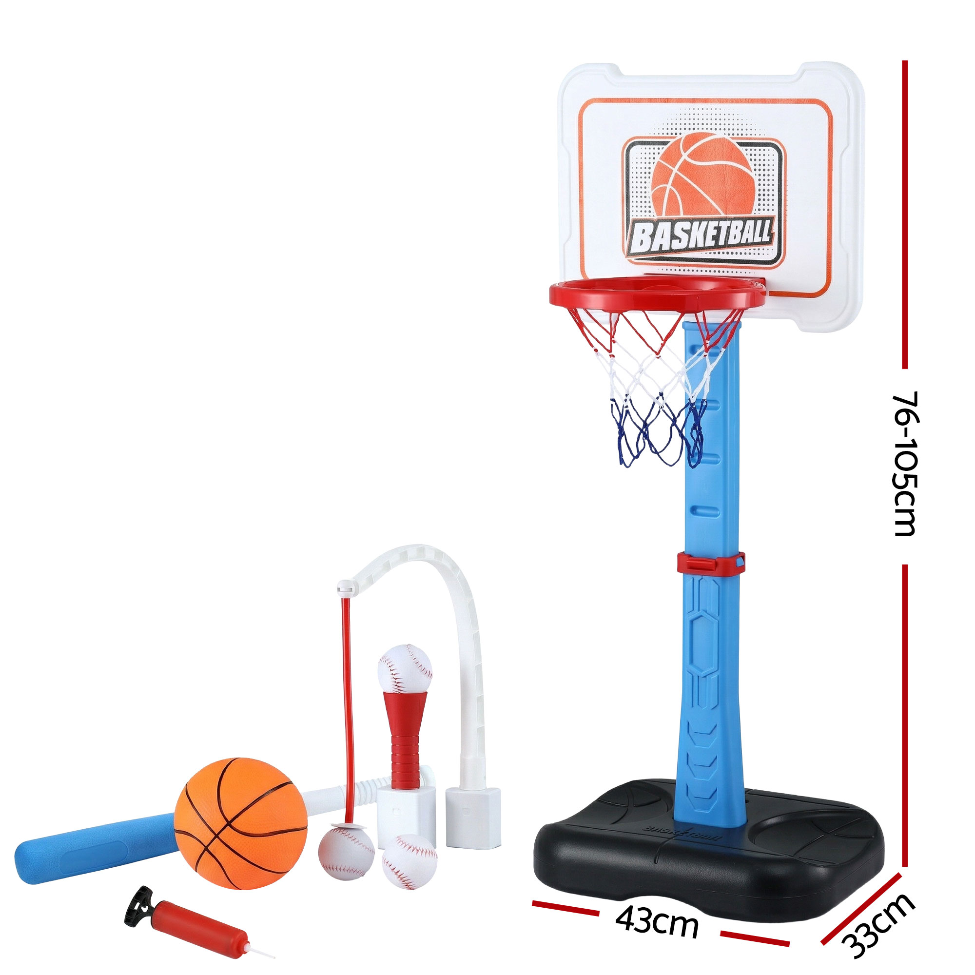 Keezi Kids Basketball Hoop Stand Baseball Set Adjustable Height Sports Toys Blue - Image 2
