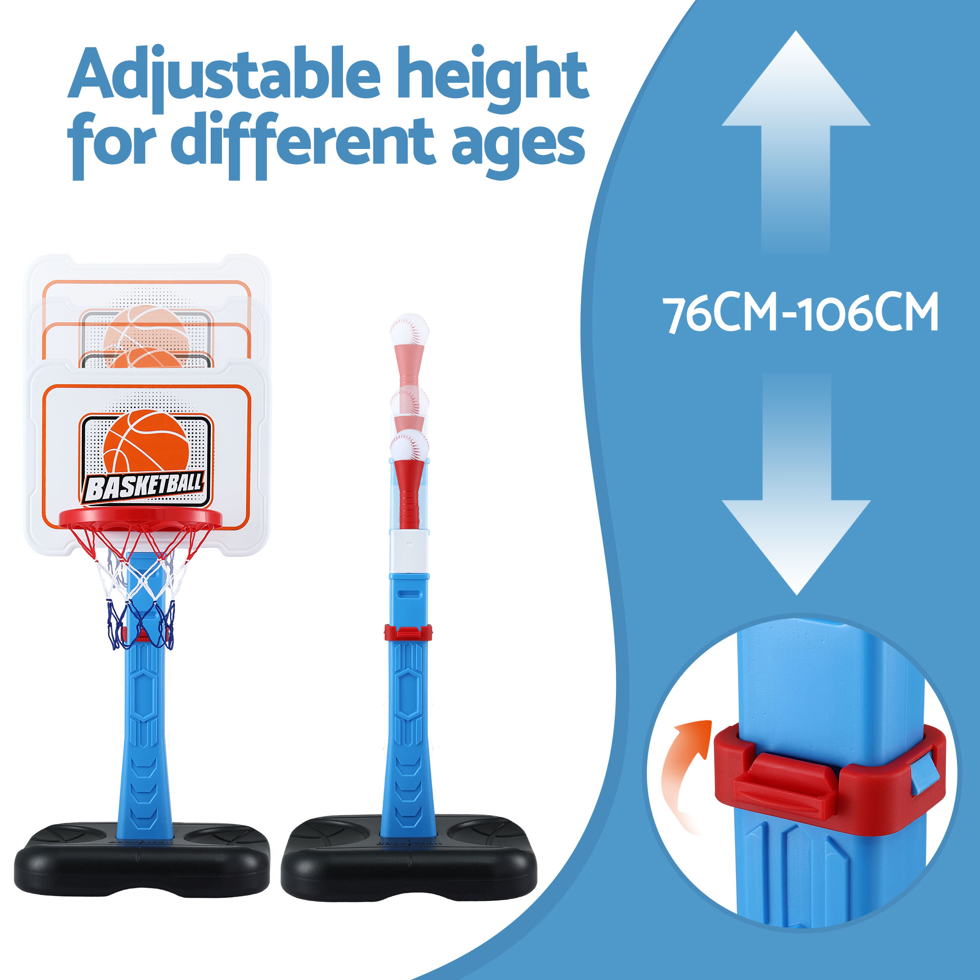 Keezi Kids Basketball Hoop Stand Baseball Set Adjustable Height Sports Toys Blue - Image 7