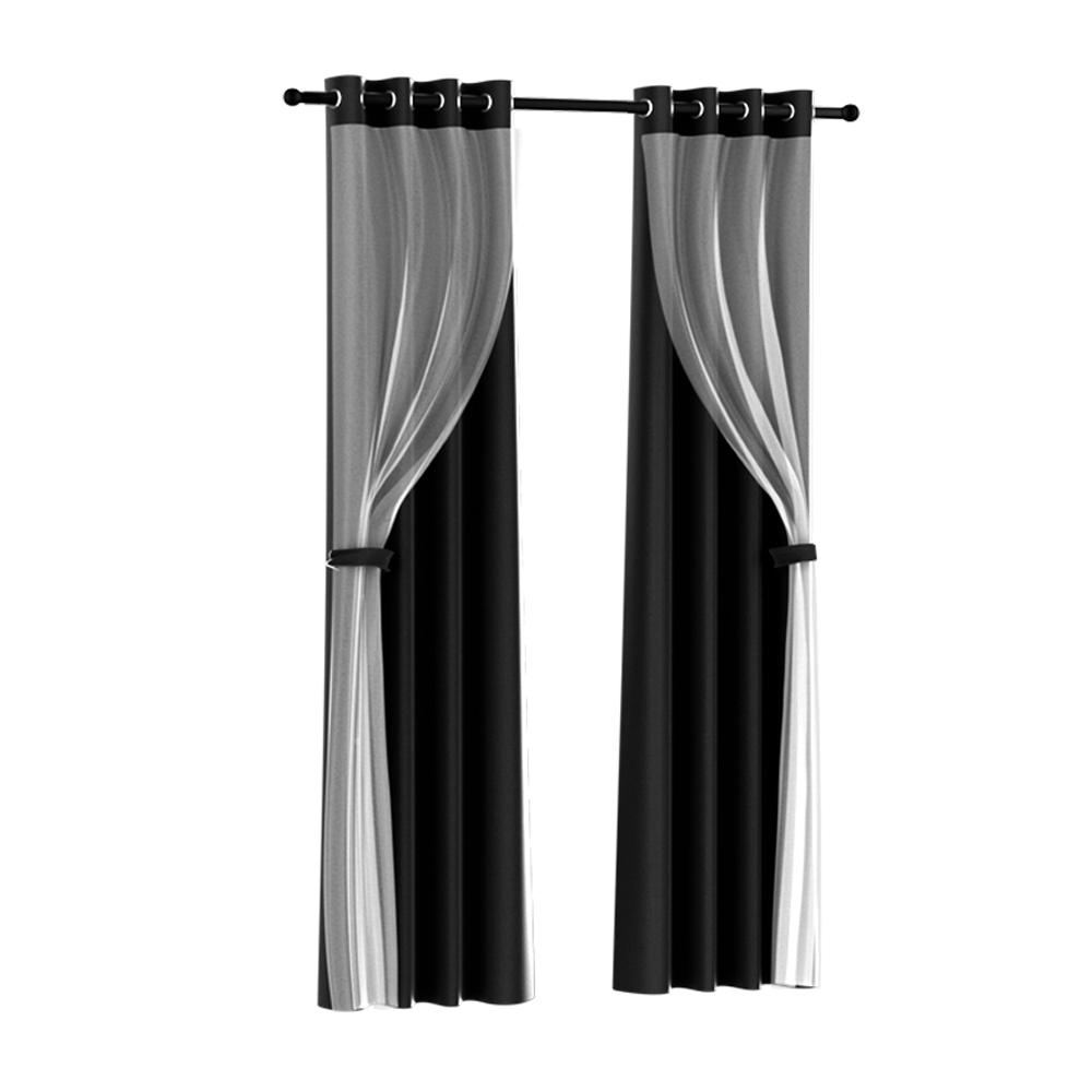 Artiss 2X 132x274cm Blockout Sheer Curtains Black - Image 1