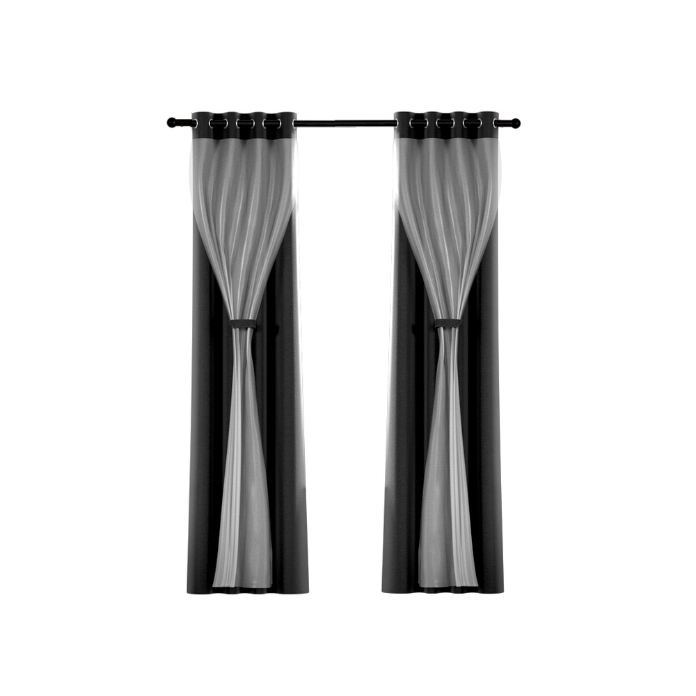 Artiss 2X 132x274cm Blockout Sheer Curtains Black - Image 3